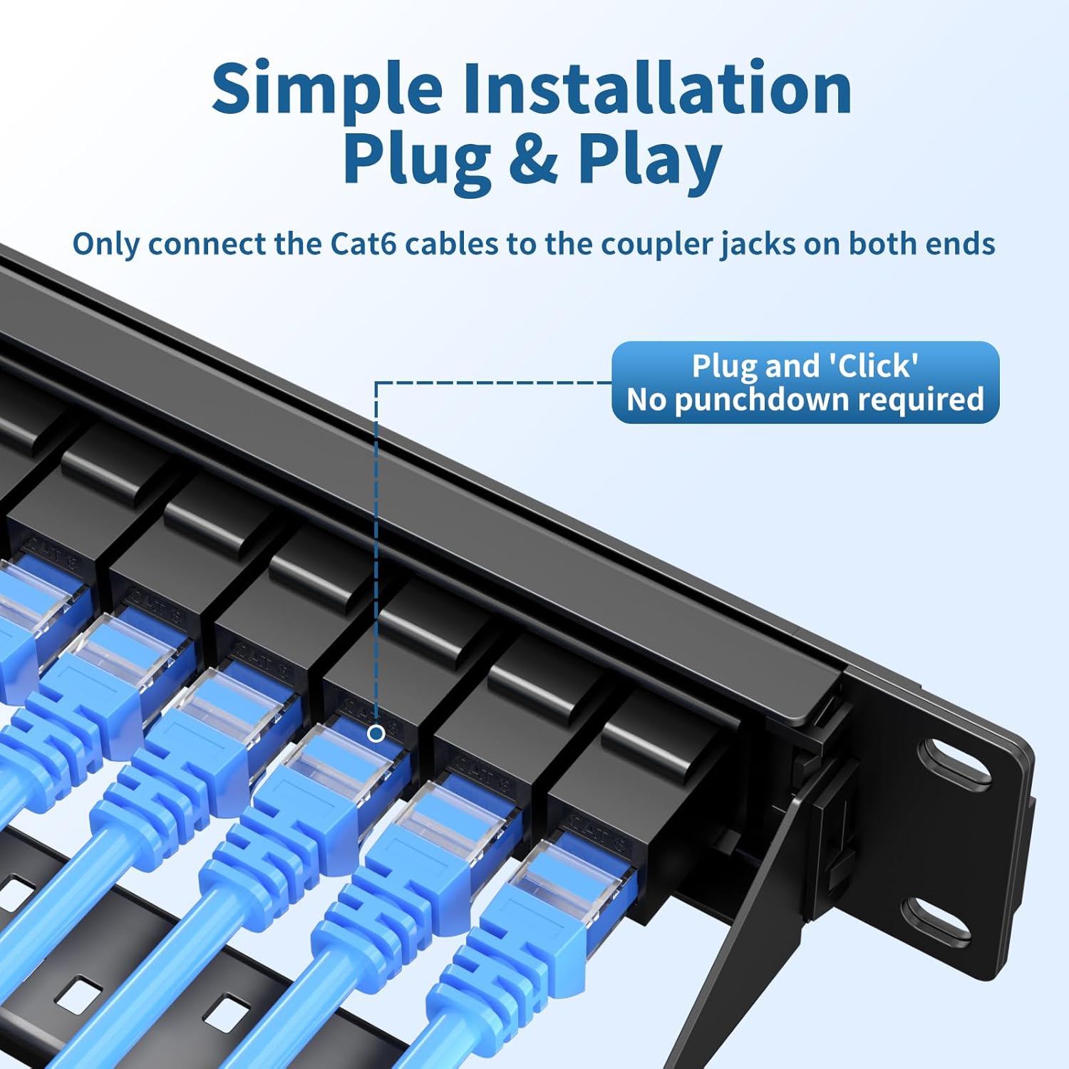 24 Port Patch Panel, Keystone Patch Panel 24 Port Loaded with RJ45 Couplers Plus 2 Spare, 10G Pass-Through, UTP 19-Inch 1U Ethernet Panel with Removable Back Bar for Cat5, Cat5e, Cat6 Cabling