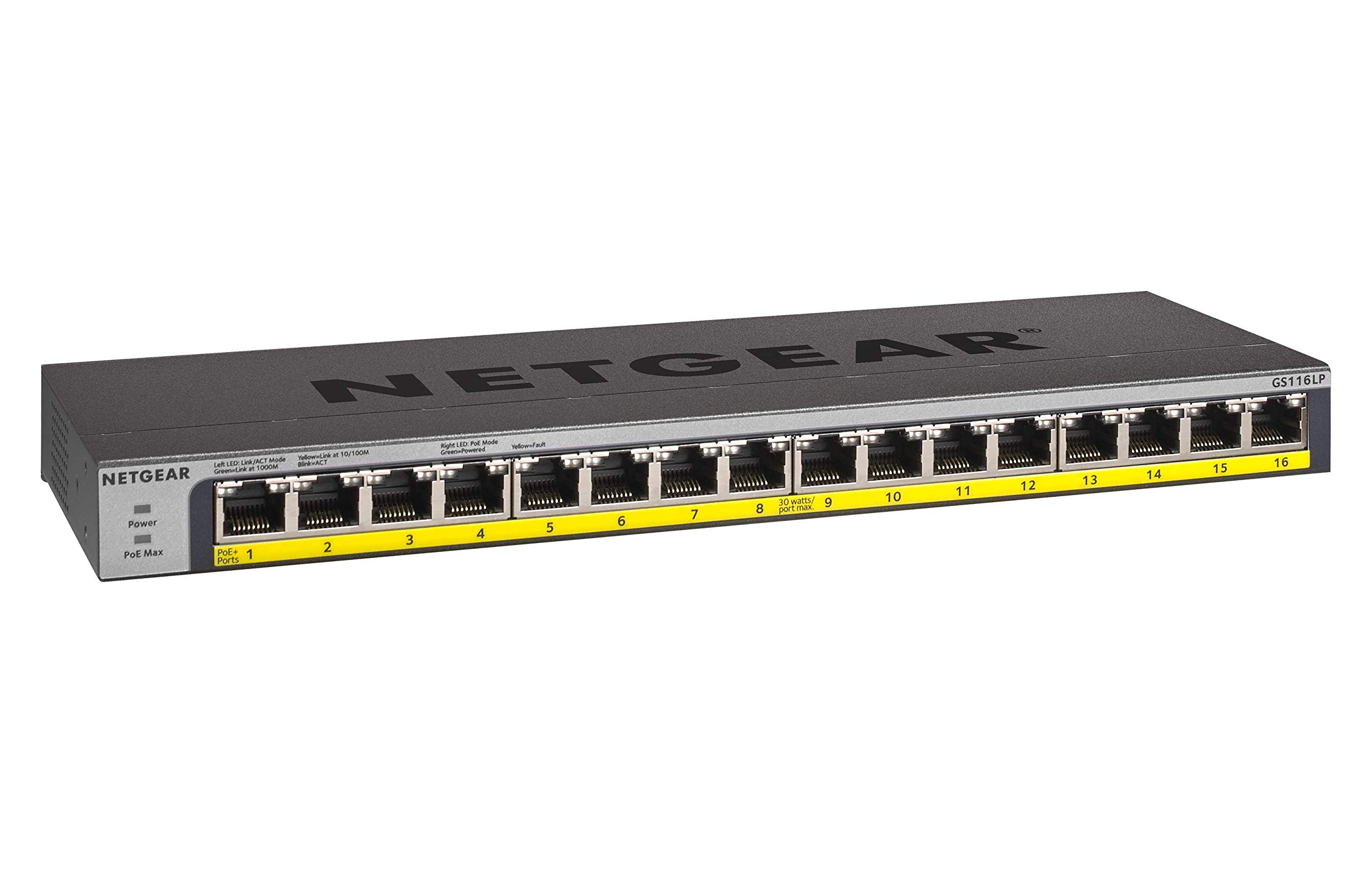 NETGEAR 16-Port Gigabit Ethernet Unmanaged PoE Switch (GS116LP) - with 16 x PoE+ @ 76W Upgradeable, Desktop/Rackmount, and ProSAFE Limited Lifetime