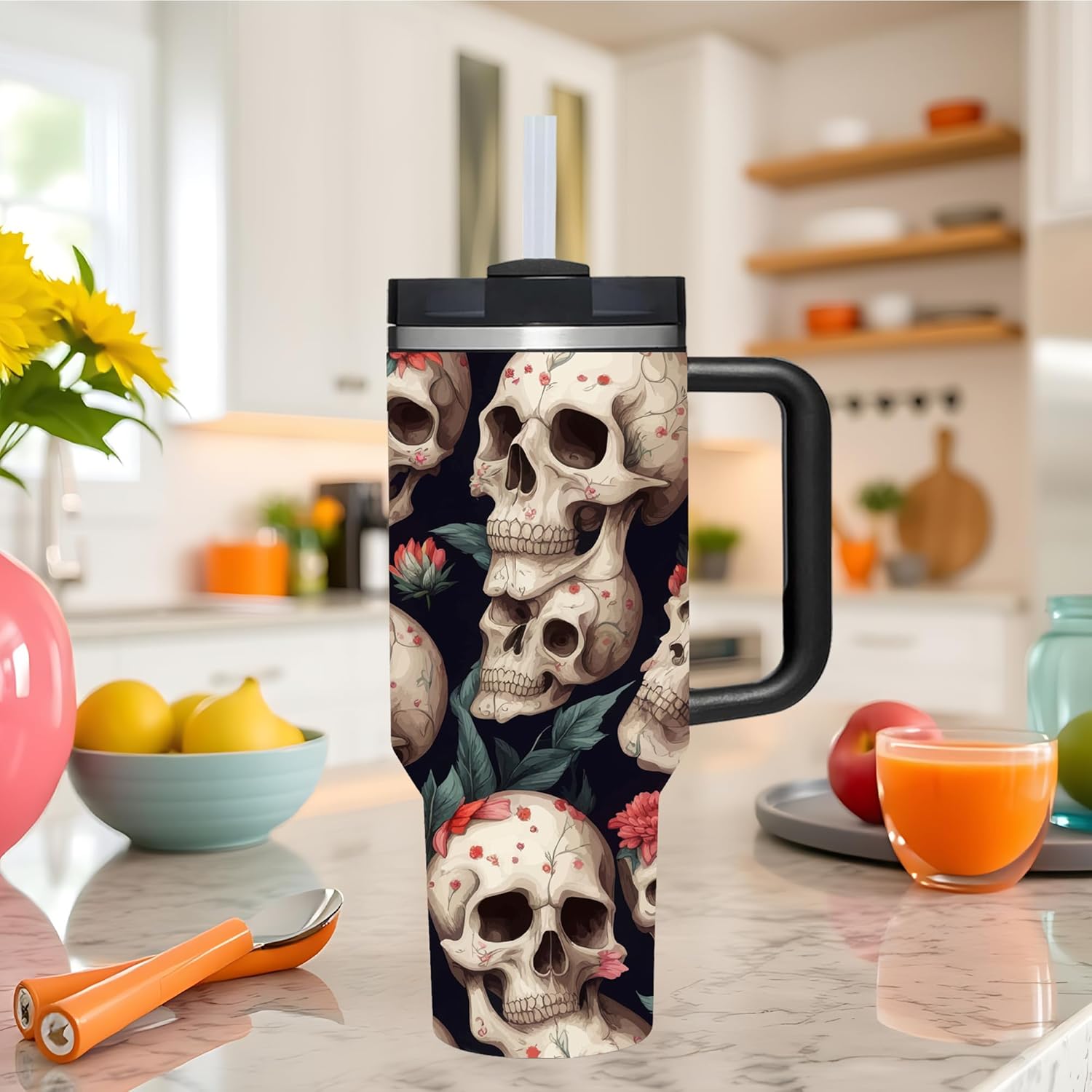 AMZUShome 40 OZ Goth Black Skull Tumbler with Handle.Skull Lover Goth Gifts.Unique Birthday Christmas Halloween Gifts.Personalized 40 OZ Goth Black Skull with Flower Tumbler Gifts for Women Men. - Image 4