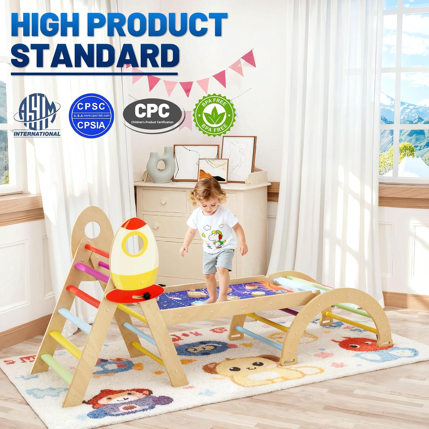 CypherxPikler Triangle Set, 8 in 1 Pickler Climbing Set, Foldable Wooden Climbing Toys, Montessori Foldable Climbing Gifts, Indoor Playground Jungle Gyms with Arch Ramp and Ladder for 1-6