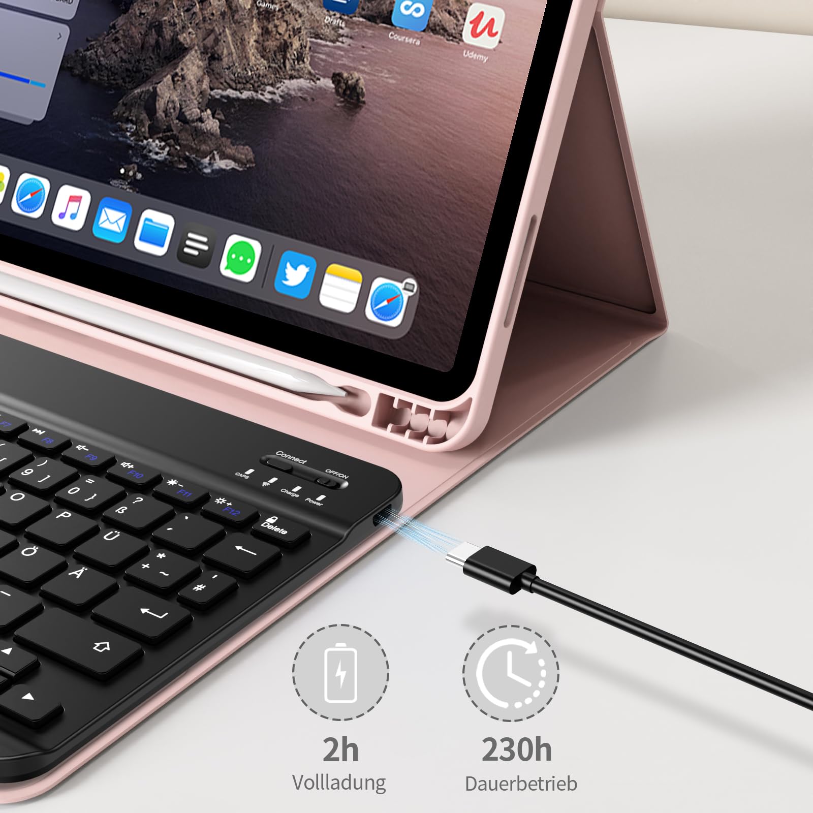 Etui z klawiaturą do iPad Air 11" 2024/2025 (M2/M3), do iPad Air 5./4. generacji 2022/2020 10,9", z miękkiej TPU z uchwytem na rysik, odpinanym klawiaturą Bluetooth QWERTZ, różowe