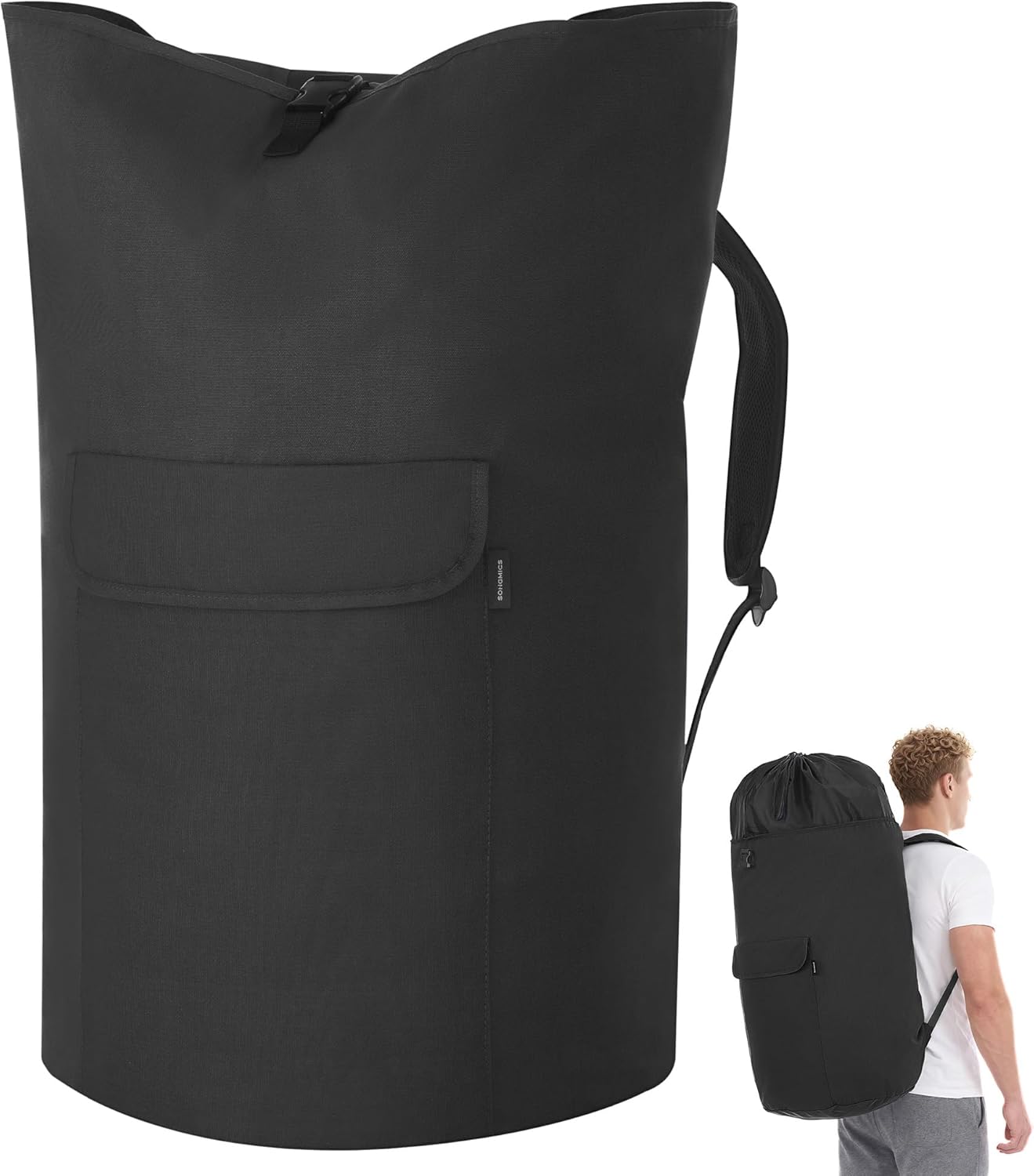SONGMICS Laundry Bag, Laundry Backpack 31.7 Gallons (120 L), Heavy-Duty, Large with Extendable Top, Oxford Fabric, Wide Shoulder Straps and Flap Pocket, Ink Black ULCB101BH01
