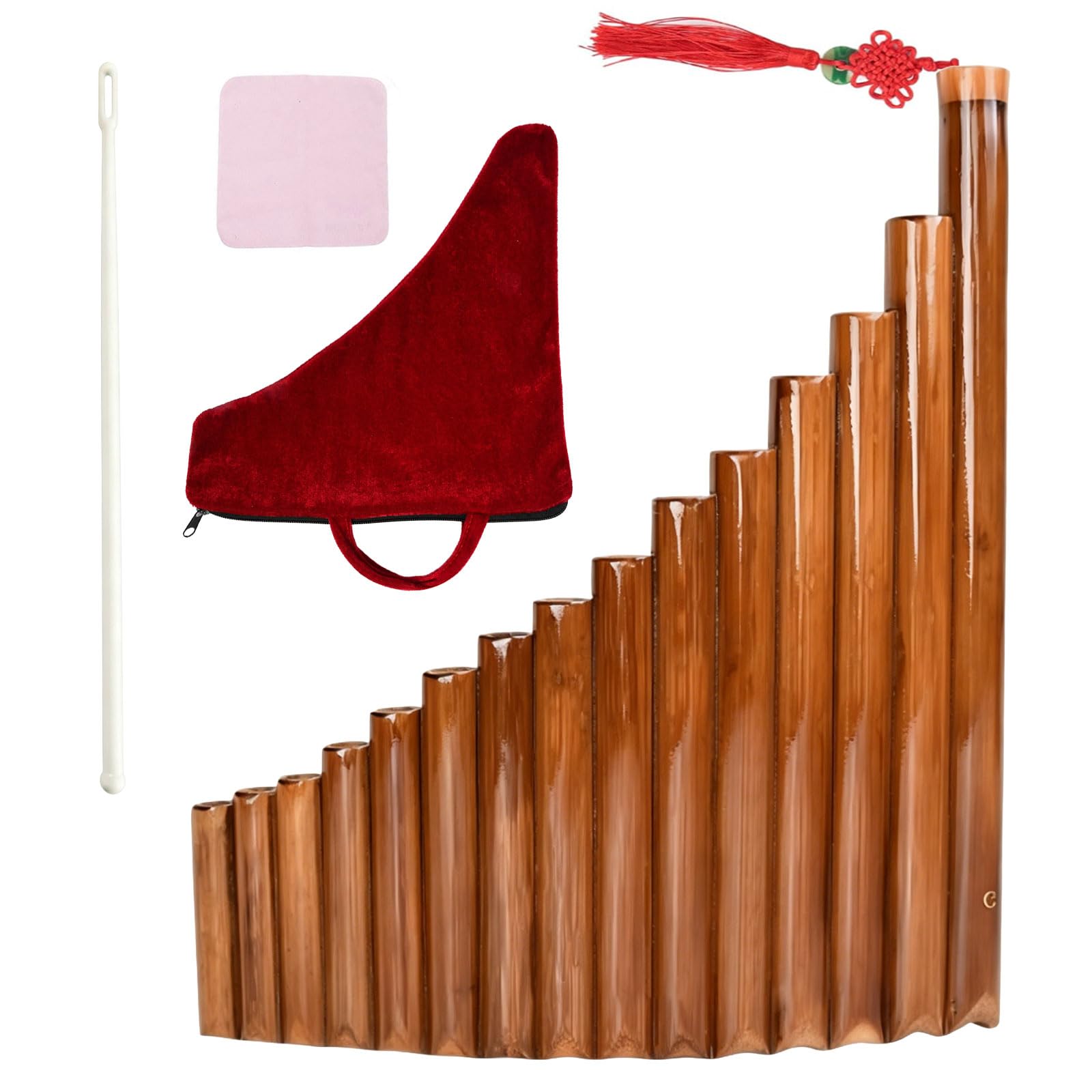 Panflöte 15 Pfeifen, Instrument Aus Bambus, G-Ton, Rechte Hand | mit Umhängeband, Reinigungstuch, Reinigungsstift und Aufbewahrungsbeutel, für Anfänger, Musikinstrumente