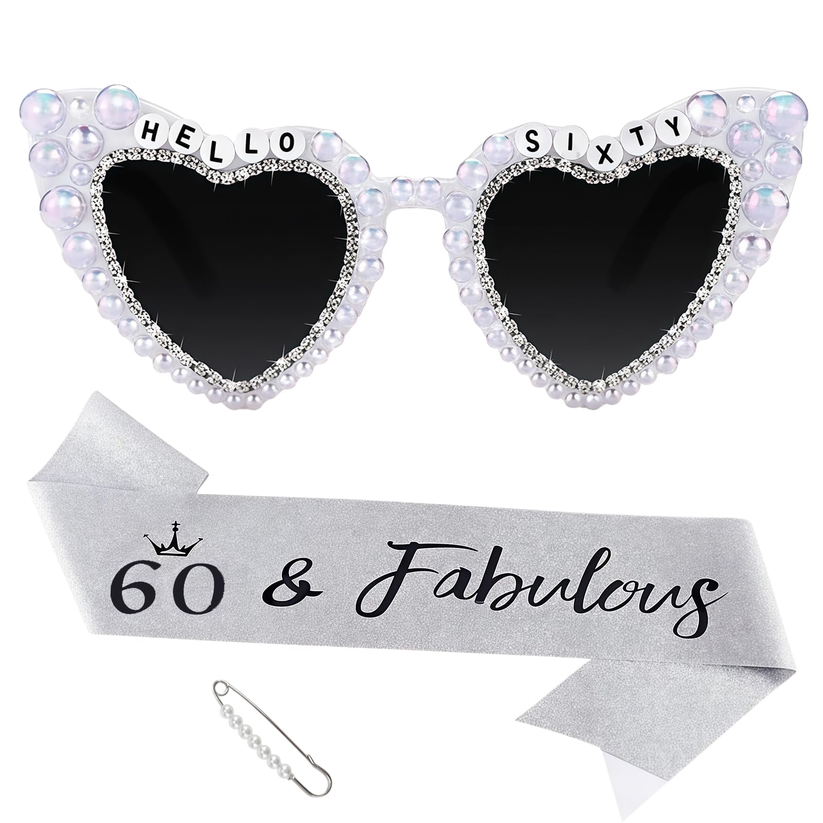 60th Birthday Glasses with Sash, White Heart Sunglasses for Women, HELLO SIXTY Shiny Bling Diamond Pearl Sunglasses, 60 Years Old Birthday Party Gifts Supplies Eyeglasses Photo Props Accessories