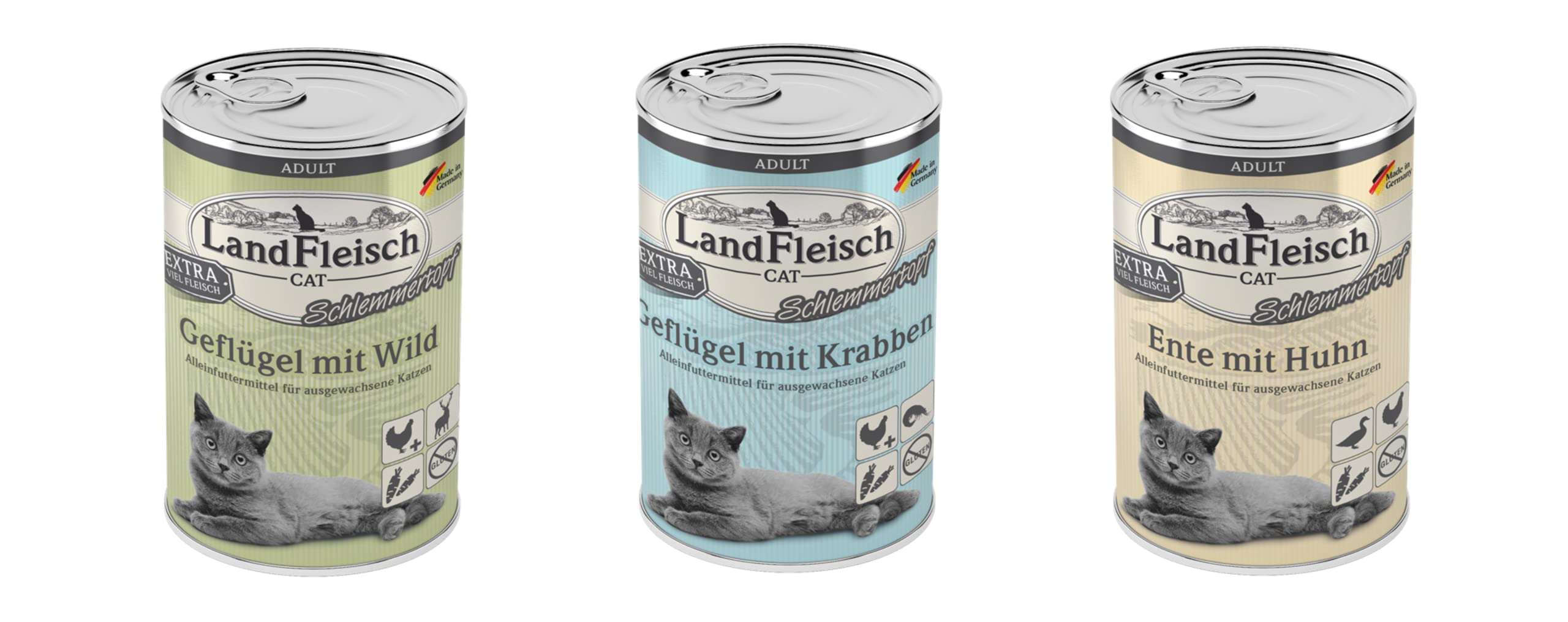 Cat Schlemmertopf Mixpaket 24 x 400g | Premium-Nassfutter für Katzen | Sorten: Ente mit Huhn, Geflügel mit Wild & Krabben | Getreidefrei | ohne Zusatzstoffe | Vollnahrung
