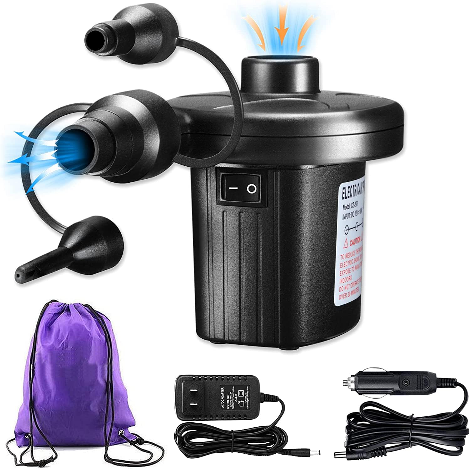 Electric Air Pump, 110V AC/12V DC Portable Air Mattress Two-Way Universal Inflator Pump for Inflatables Pool, Airbeds, etc with 3 Nozzles and Storage Bag