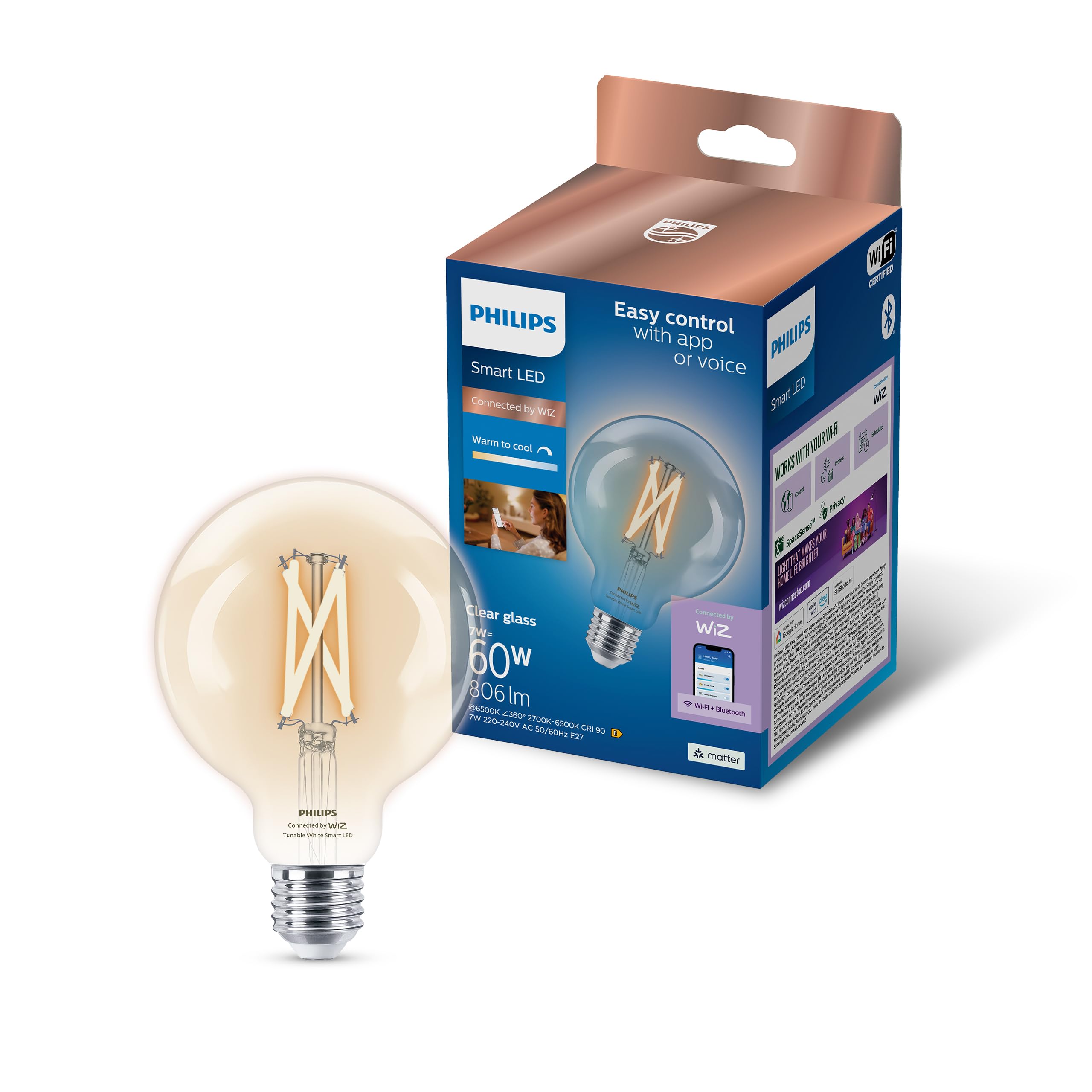 Philips Smart Lighting, Smart LED Filament G95 Bulb, E27 Base, 806 lm, Tunable White Light 2700-6500 K, Low Dimming, Connected by WiZ, Alexa, Google Home, Apple Home