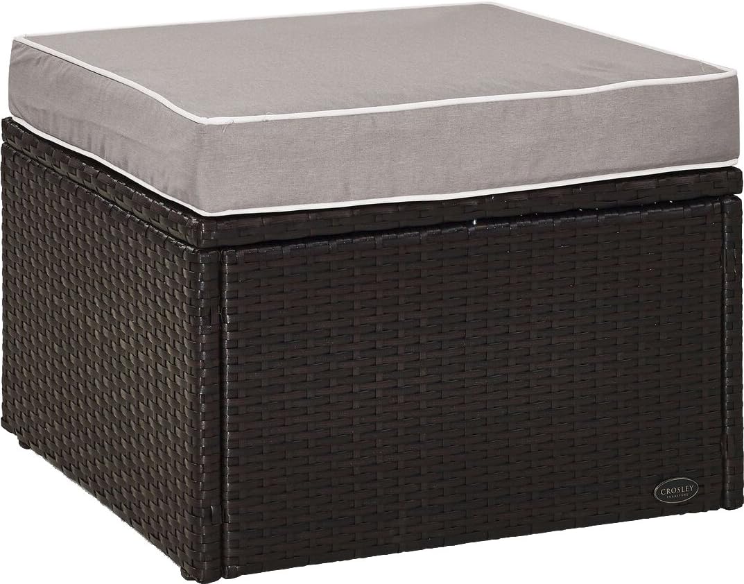 Crosley Furniture Palm Harbor Wicker Outdoor Ottoman Foot Rest for Patio, Deck, Porch, Brown with Sand Cushions