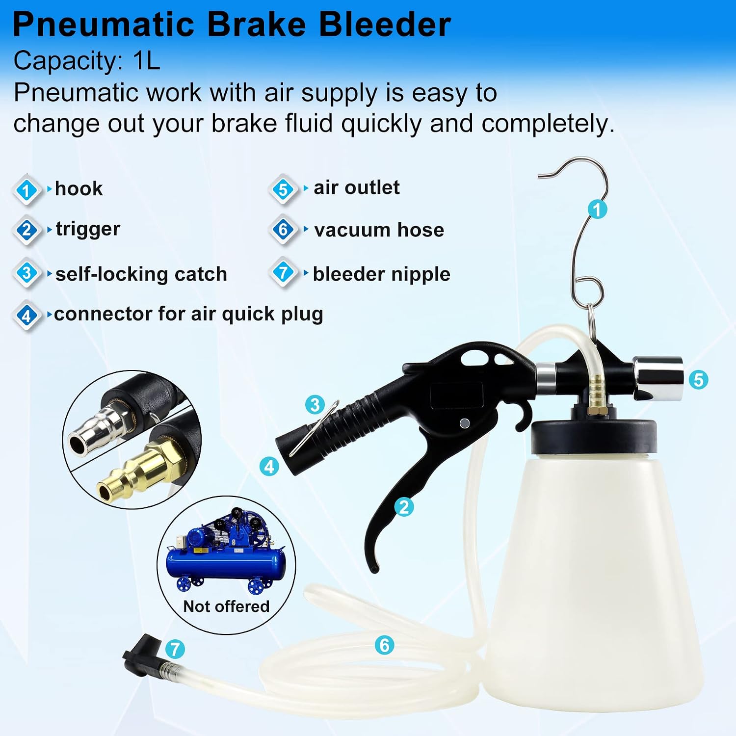 JoyFans 1L Capacity Pneumatic Brake Fluid Bleeder Extractor Tool Vacuum Brake Bleeder Kit with 90-120 PSI Master Cylinder Adapters Fluid Refill Bottle for Fluid Change on Motorcycle Car