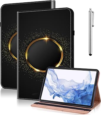 Case for Samsung Galaxy Tab A11 + Plus/A9 + Plus 5G 11 Inch 2025/2023, PU Leather Multi-Angle Smart Stand Pocket Tablet Cover with Card Slots - Gold Hoop
