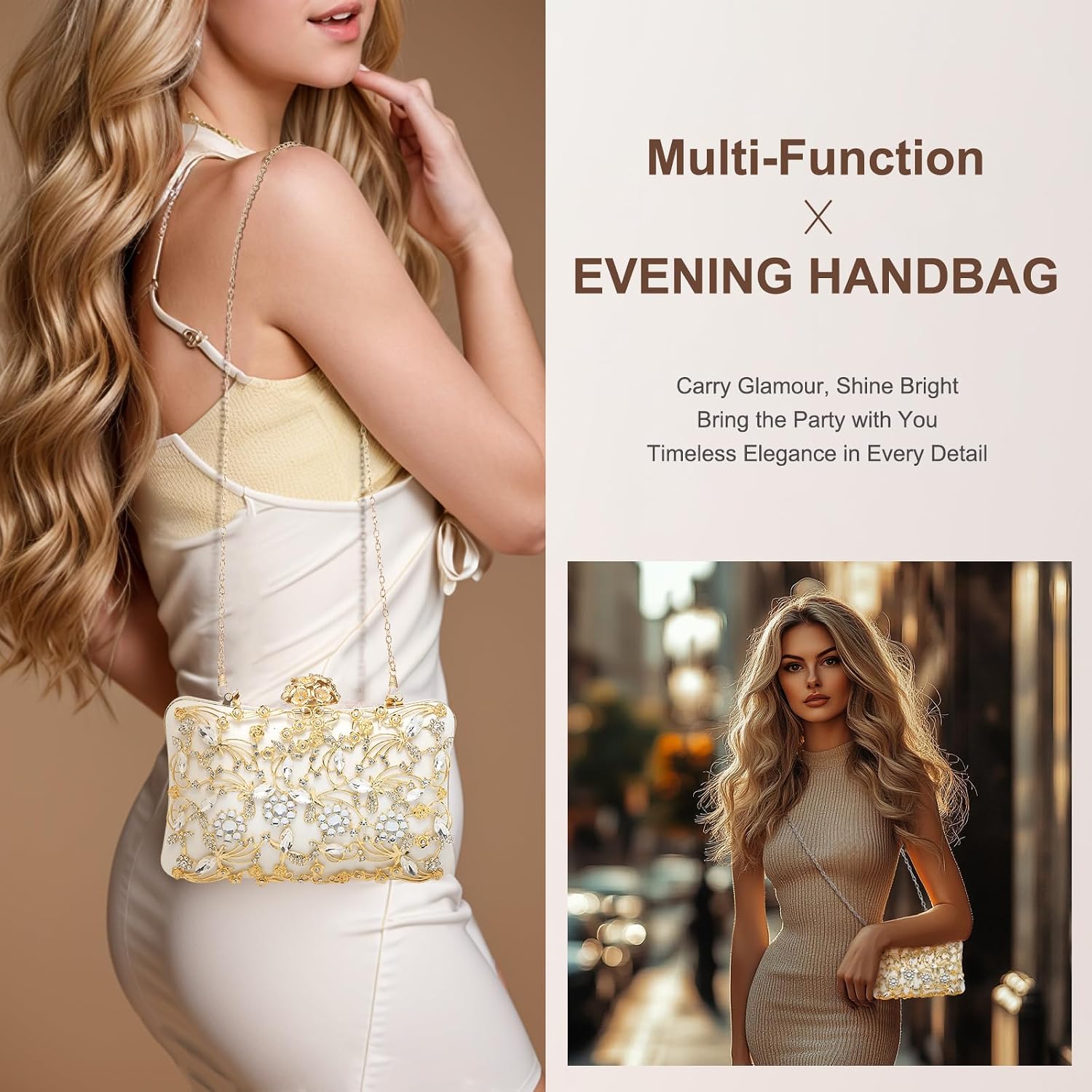 DTGN Evening Bags Clutch Purses for Women Formal, Purse Crossbody Handbag Rhinestone Shoulder Bag with Chain Sparkly for Wedding Bridal Guest Party White