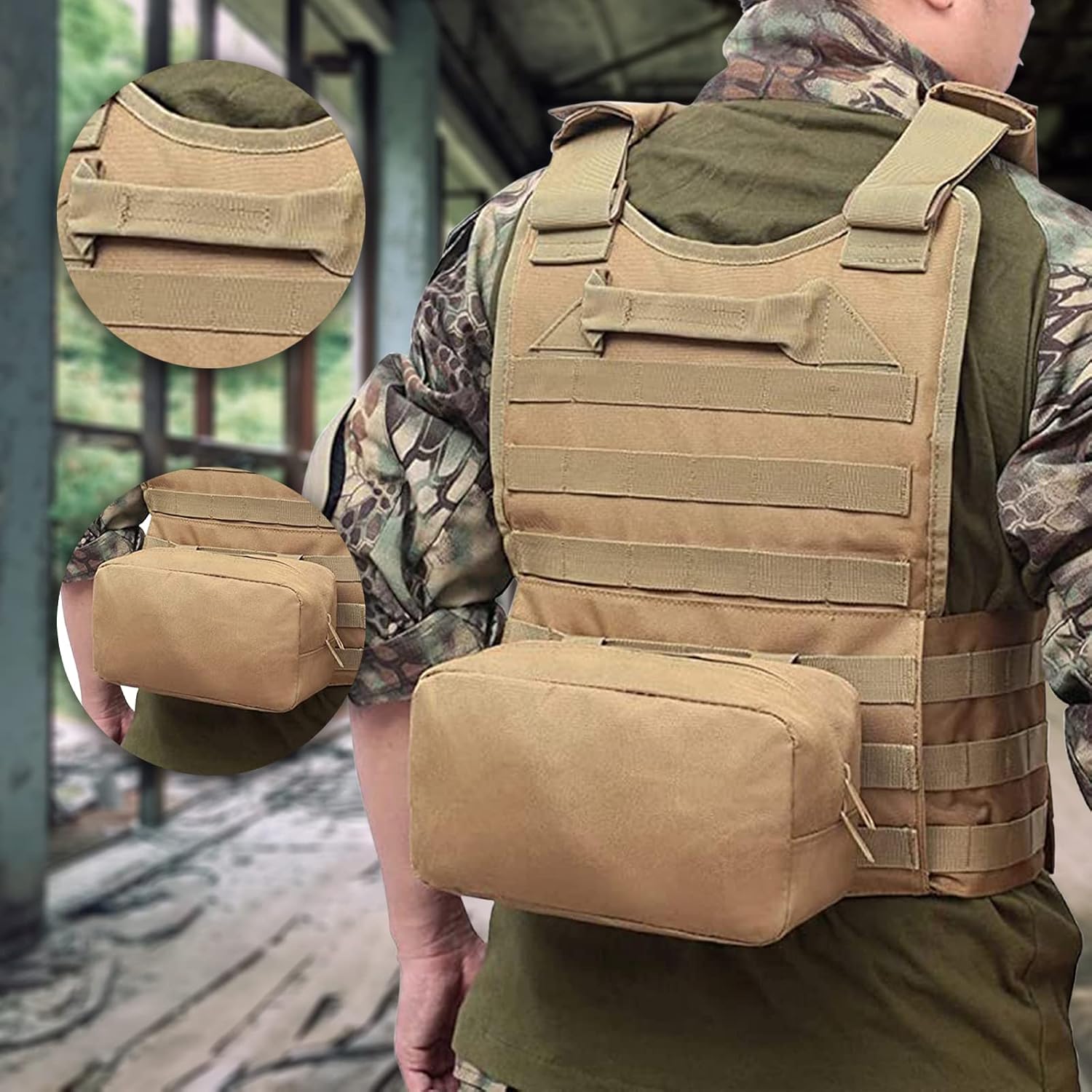 DMAIP Hunting Molle Tactical Vest Combat Security Training Tool Pouch Modoular Protective Durable Waistcoat for Outdoor Paintball CS Game Airsoft Climbing Hiking (Tan) : Sports & Outdoors