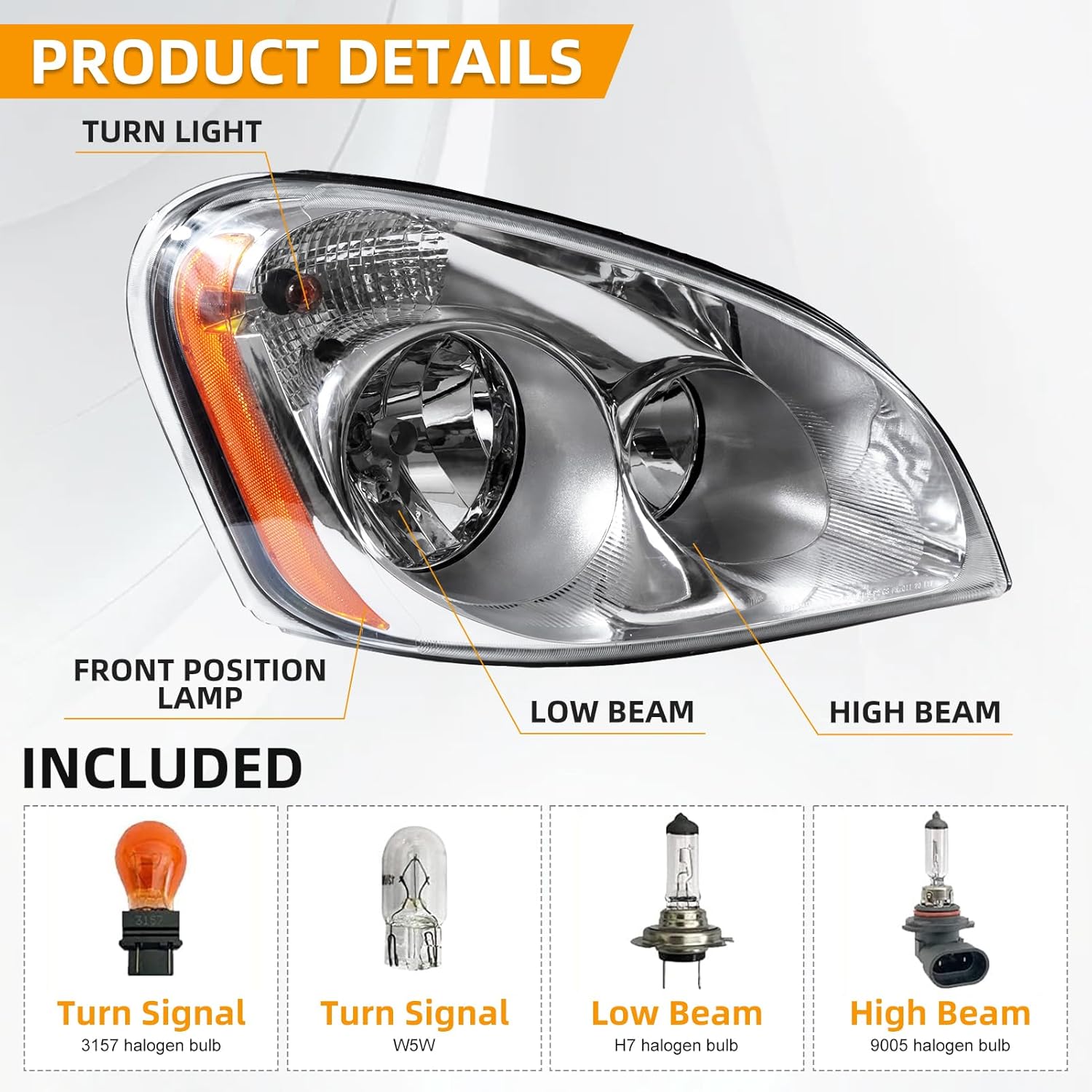 Headlights Fit For 2008-2017 Freightliner Cascadia Chrome Housing And Amber Reflector Headlamps (Left Driver Side)