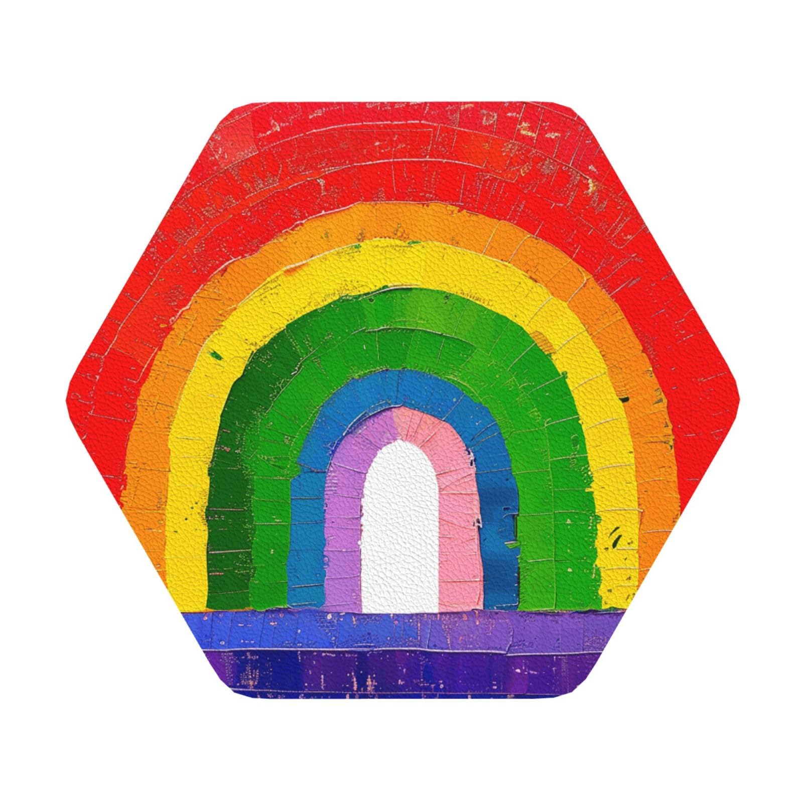 Rainbow Printed Coasters for Drinks, Leather Coaster Sets of 4, Funny Coffee Cup Coaster, Absorbent Coaster for Home and Office Kitchen Bar Hexagon