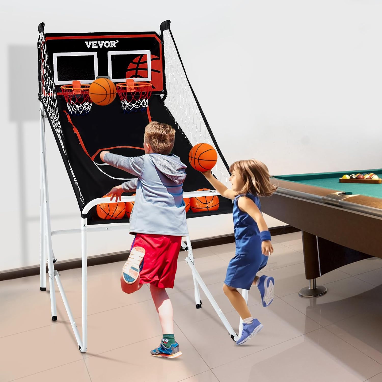 VEVOR Foldable Basketball Arcade Game, 2 Player Indoor Basketball Game, Home Dual Sport with 4 Balls, 8 Game Modes, LCD Electronic Scoreboard, and Inflation Pump, for Kids, Adults (Black & White)
