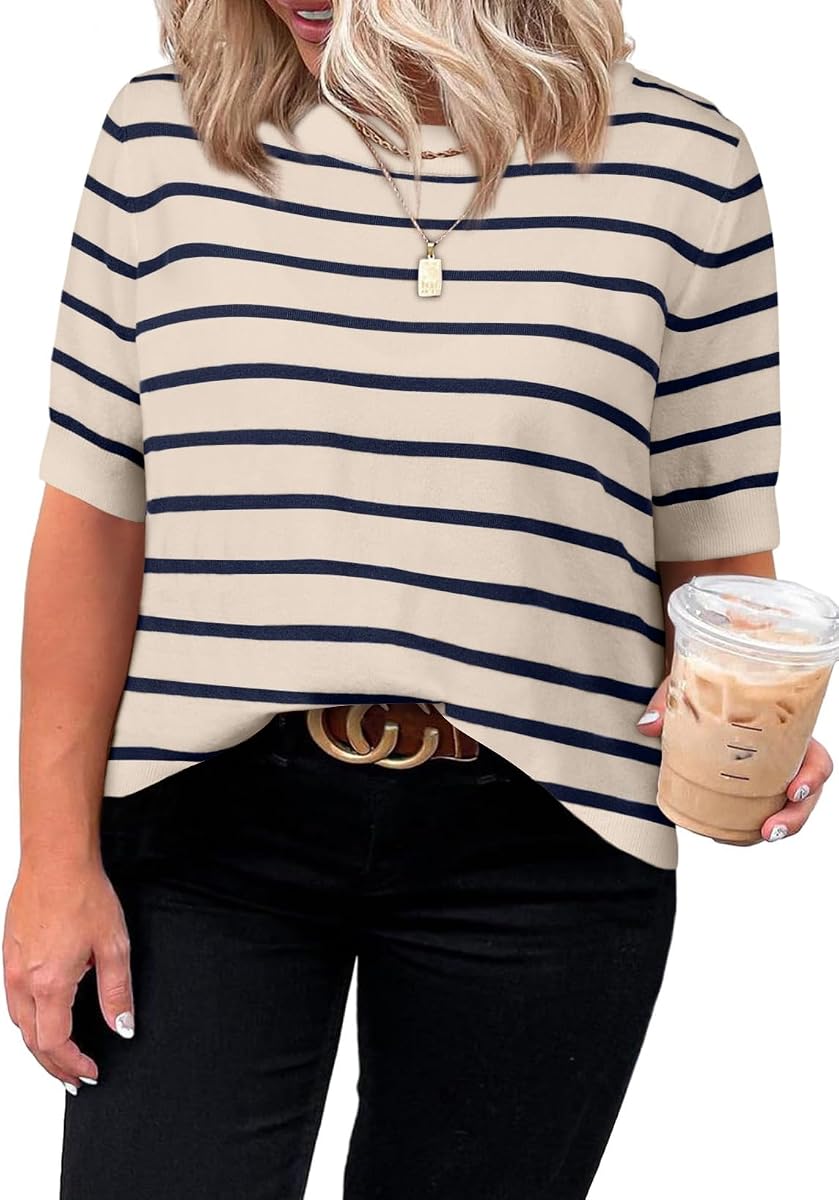 Eytino Women Plus Size Sweater Tops Short Sleeve Crewneck Striped Tshirts Casual Summer Blouses Shirts(1X-5X)