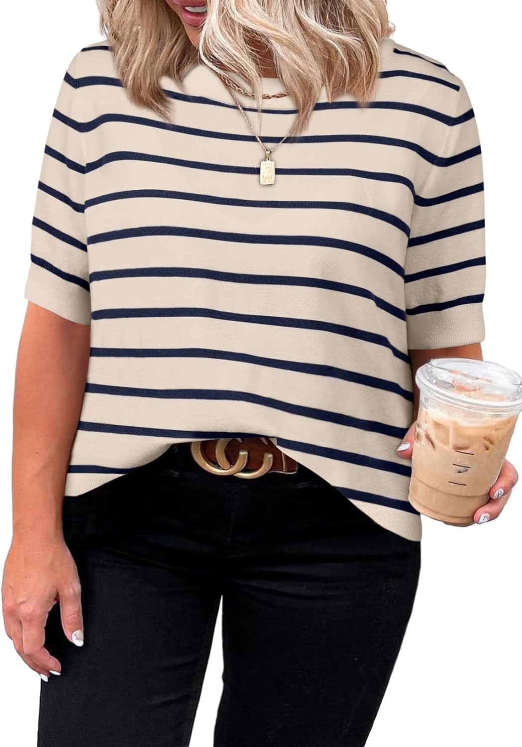 Eytino Women Plus Size Sweater Tops Short Sleeve Crewneck Striped Tshirts Casual Summer Blouses Shirts(1X-5X)