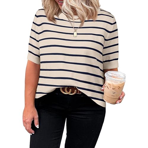 Eytino Women Plus Size Sweater Tops Short Sleeve Crewneck Striped Tshirts Casual Summer Blouses Shirts(1X-5X)