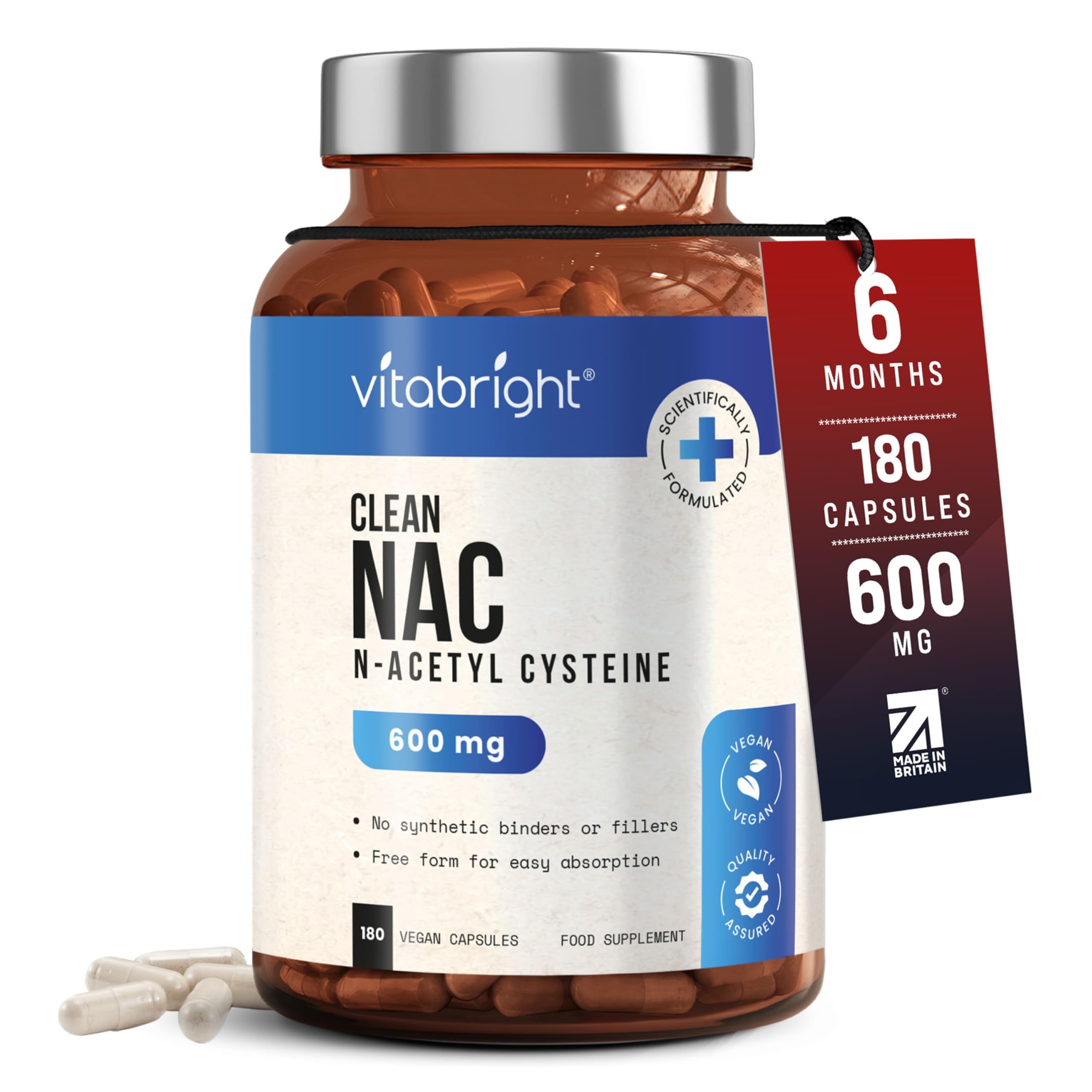 VitaBright NAC Supplement | 600mg | 180 Capsules | Acetylcysteine Nutritional Supplements | Swallow or Twist Open Capsules of Powder | Pure Clean NAC N-Acetyl-Cysteine 600mg Supplement
