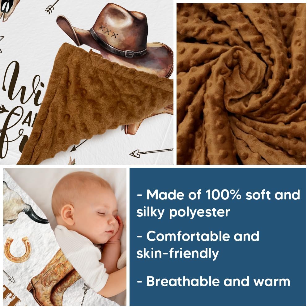 Western Baby Blanket, Cowboy Minky Blankets for Boys Girls, Nursery Room Decor, Soft Warm Lightweight Nursery Bed Blanket for Newborn Toddlers Son Daughter (02)
