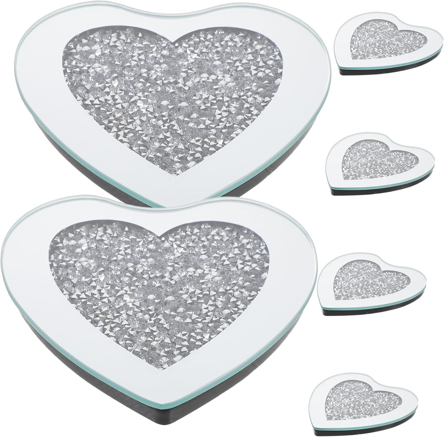 Zerodeko 6pcs Heart Shaped Glass Stylish Drink Mats for Coffee and Tea Heat Insulation Cup Pads for Home Decor Rhinestone Design for Table Use