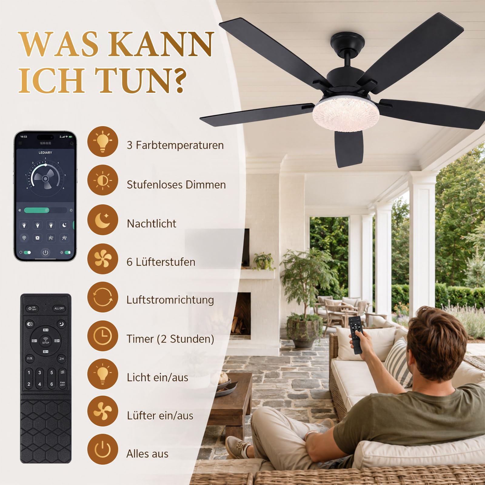 Smart Deckenventilator mit Licht Leise φ132cm Doppelseitige Flügeln & App | Ventilator mit Fernbedienung, DC Motor, Timer, Dimmbar 3000K-6500K, 6 Stufen Reversibel für Schlafzimmer Wohnzimmer