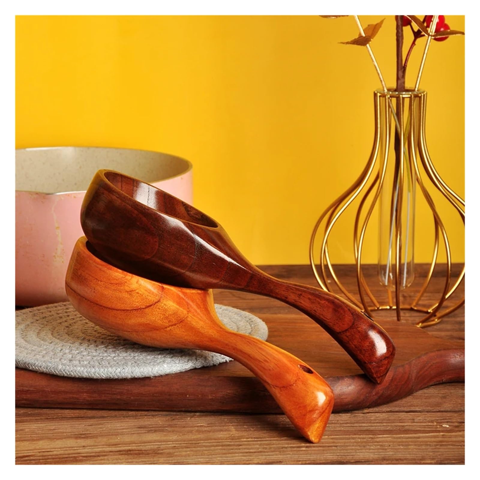 Lot de 2 cuillères à ramen en bois, style japonais, louche à soupe à manche court, accessoires de cuisine pour bouillon et cuillère à eau