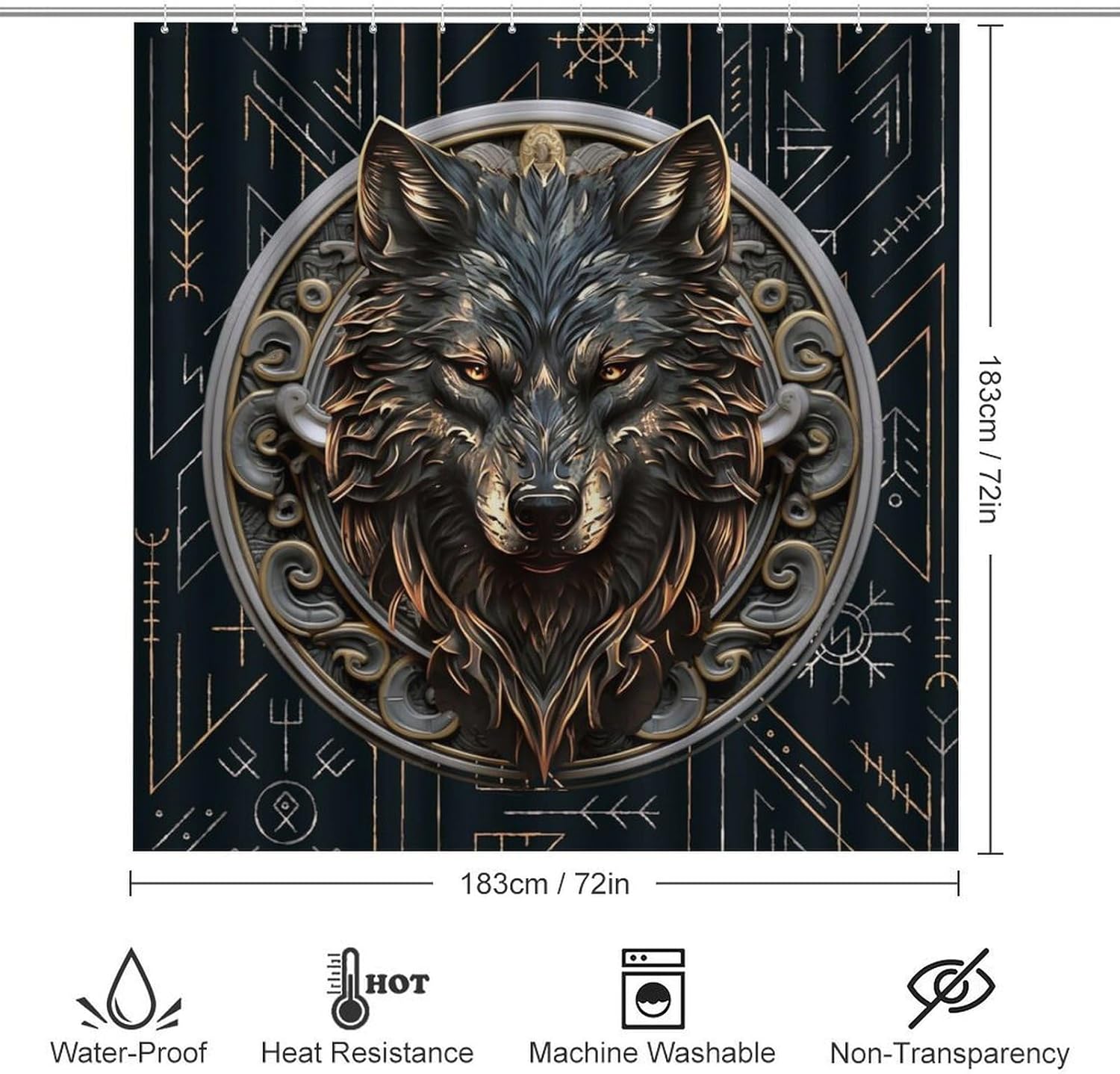 Brebasf Cool Norse Viking Wolf 4 Pieces Shower Curtain Set,Abstract Modern Art Geometric Viking Wolves Non-Slip Rugs Toilet Lid Cover Bath Mat and Bathroom Curtain