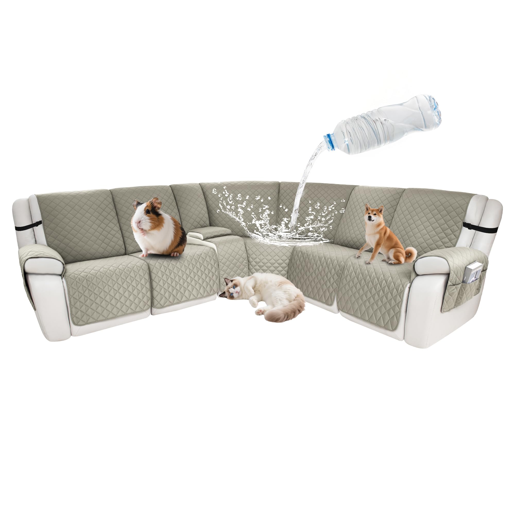Waterproof Sectional Reclining Couch Covers L Shaped Recliner Sectional Sofa Cover 8 Piece Non Slip Washable Corner Recliner Slipcover Set for Pet Dog (5 Seater 1 Console Cover, Linen Gray)