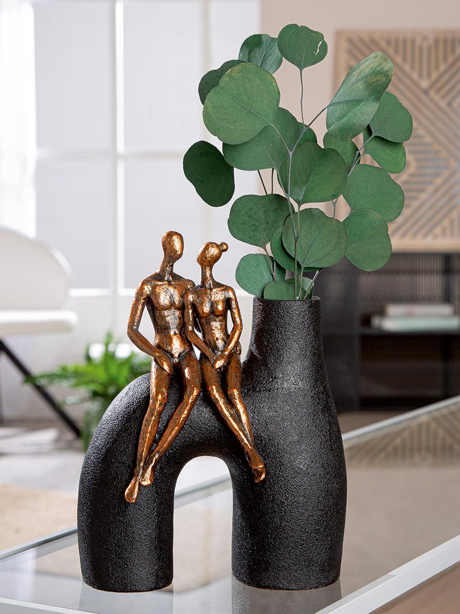 Scultura astratta moderna con vaso - Figurina romantica di coppia, resina sintetica, finitura bronzo metallizzato, elegante pezzo decorativo per la casa, L 20 cm x H 25,5 cm