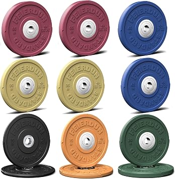 FEIERDUN Color Bumper Plate Set, 2-Inch Olympic Weight Plates, Low Bounce Rubber Barbell Plates with Stainless Steel Insert for Weightlifting, Strength Training, CrossFit & Home Gym, 10LB-370LB