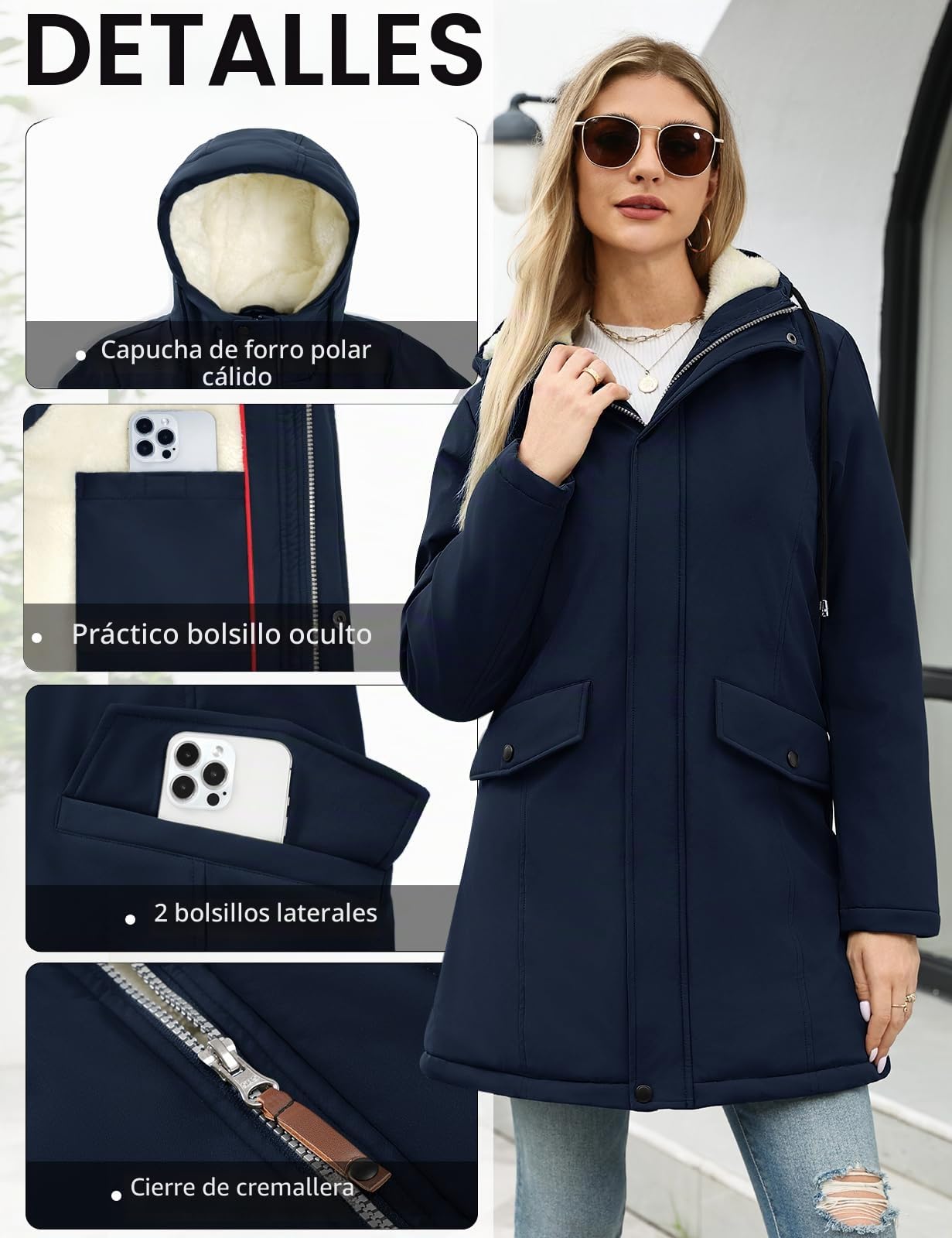 Yuson Girl Chaqueta Mujer Invierno Cálido Chaquetas Forro Polar con Capucha Grueso Abrigo Parka Largo de Viento Cremallera Abrigos Casuales Hooded Chaqueton Outwear con Bolsillos