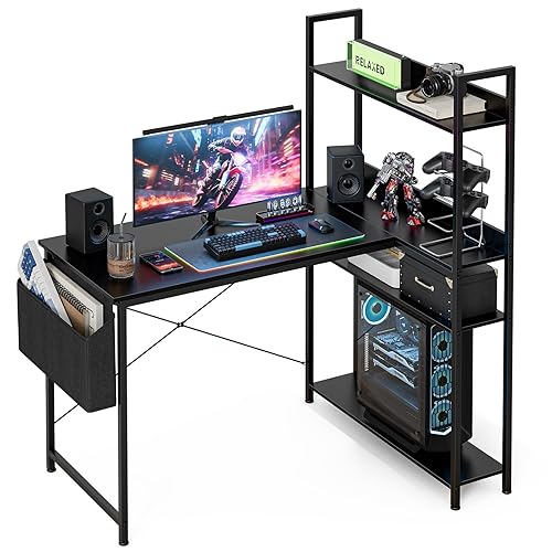 Grandder 40 Inch L Shaped Computer Desk with Reversible Storage Shelves, Home Office Corner Desk Study Writing Table with Hutch, Study, Black - 40 Inch - Black