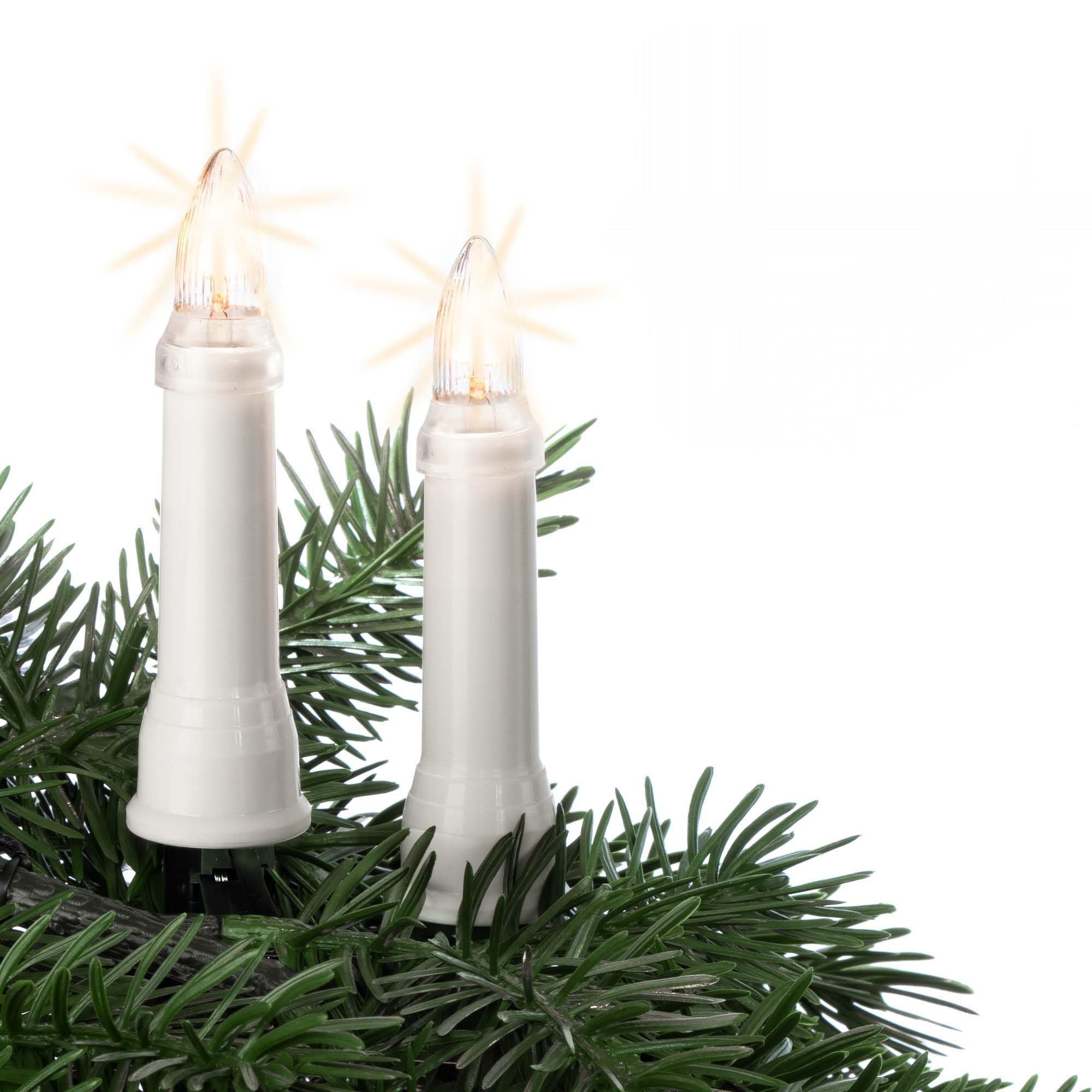 hellum Christbaumbeleuchtung für innen & außen, 20x Riffel-Kerzen, Schaft weiß, Weihnachtsbaum Lichterkette mit grünem Kabel, Fassungsabstand 45 cm, inkl. Ersatzlämpchen 640205