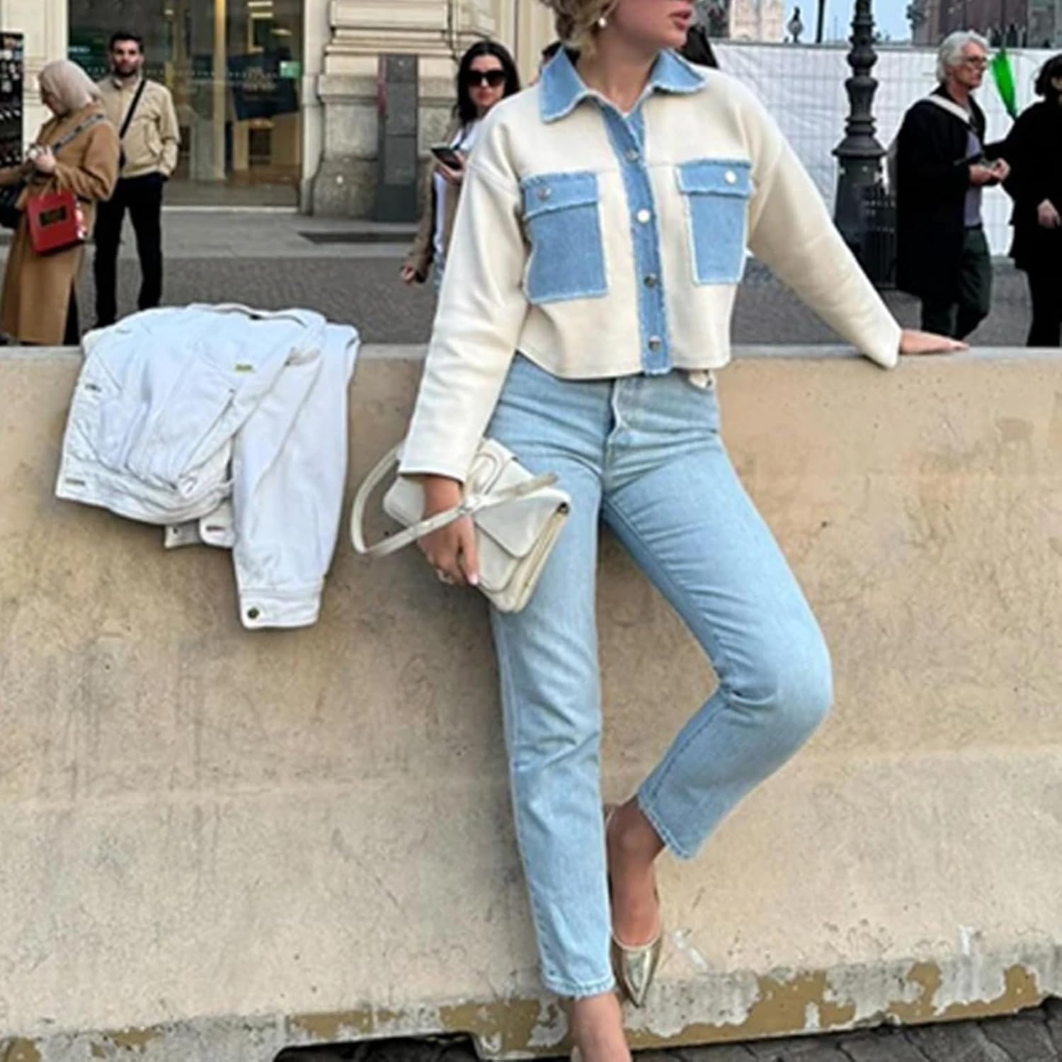 Dawery Y2K Women Denim Patchwork Jacket Coat Lapel Long Sleeves Jeans with Packets Spring Casual Lady Denim Coats Outwear Top