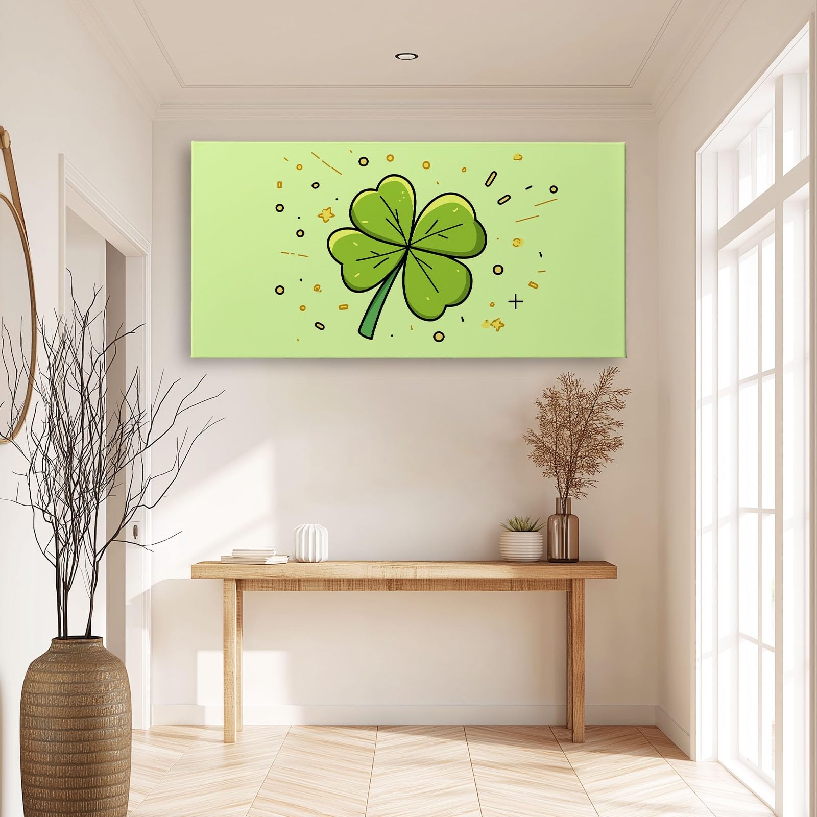 Minimalistisch Grün Vierblättriges Kleeblatt Modernes Leinwandbild 140L x 70B cm mit Rahmen, Cartoon Stil XXL Wanddeko für Wohnzimmer Geschenk Idee Einzug - Hochwertiger Kunstdruck auf Holzrahmen