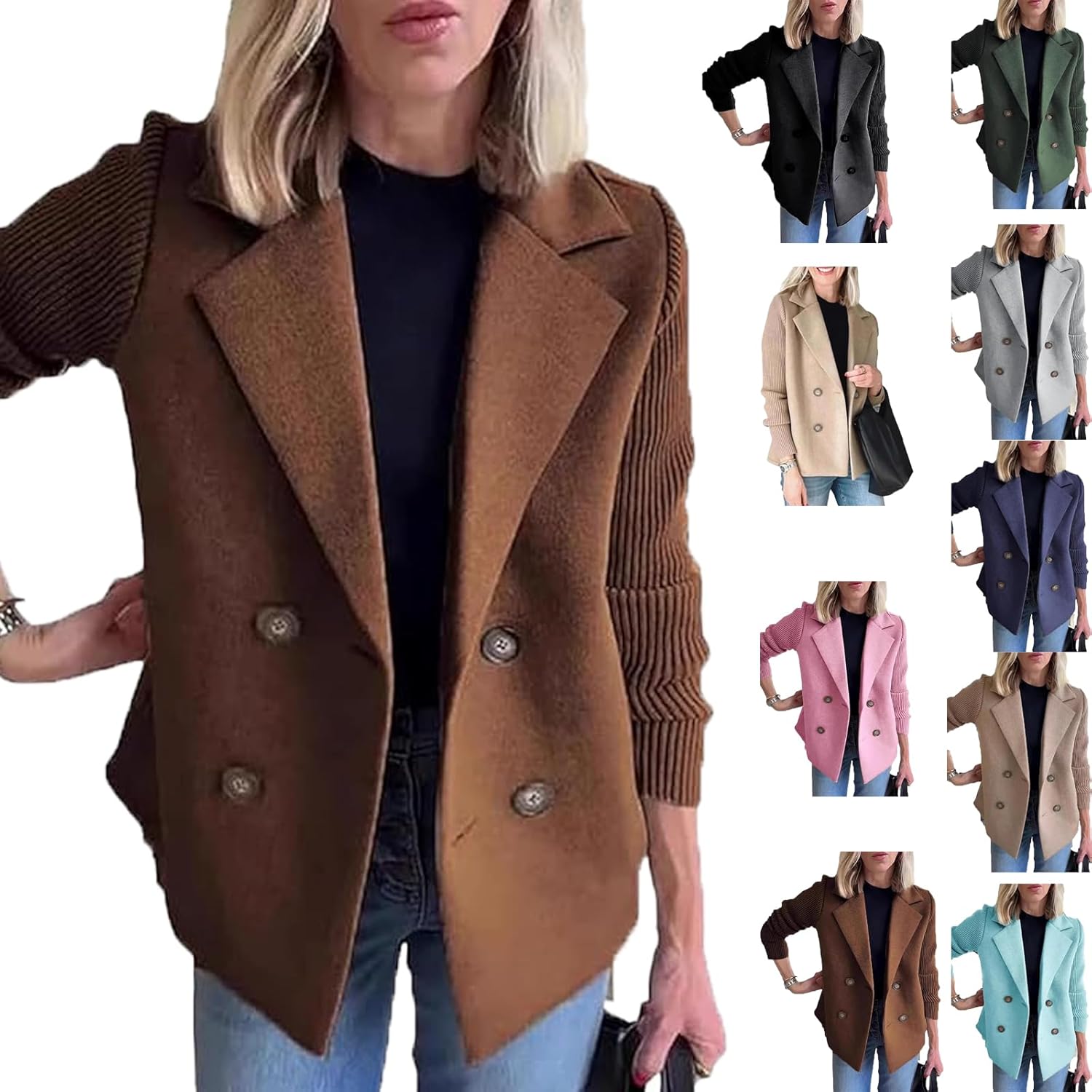 Casual Blazer Sweater Womens Lapel Double Breasted Knitted Patchwork Sleeve Casual
