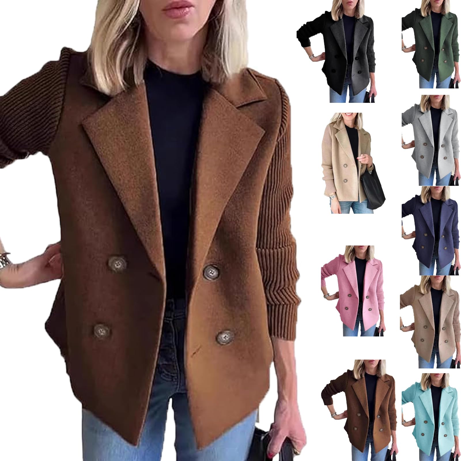 Casual Blazer Sweater Womens Lapel Double Breasted Knitted Patchwork Sleeve Casual