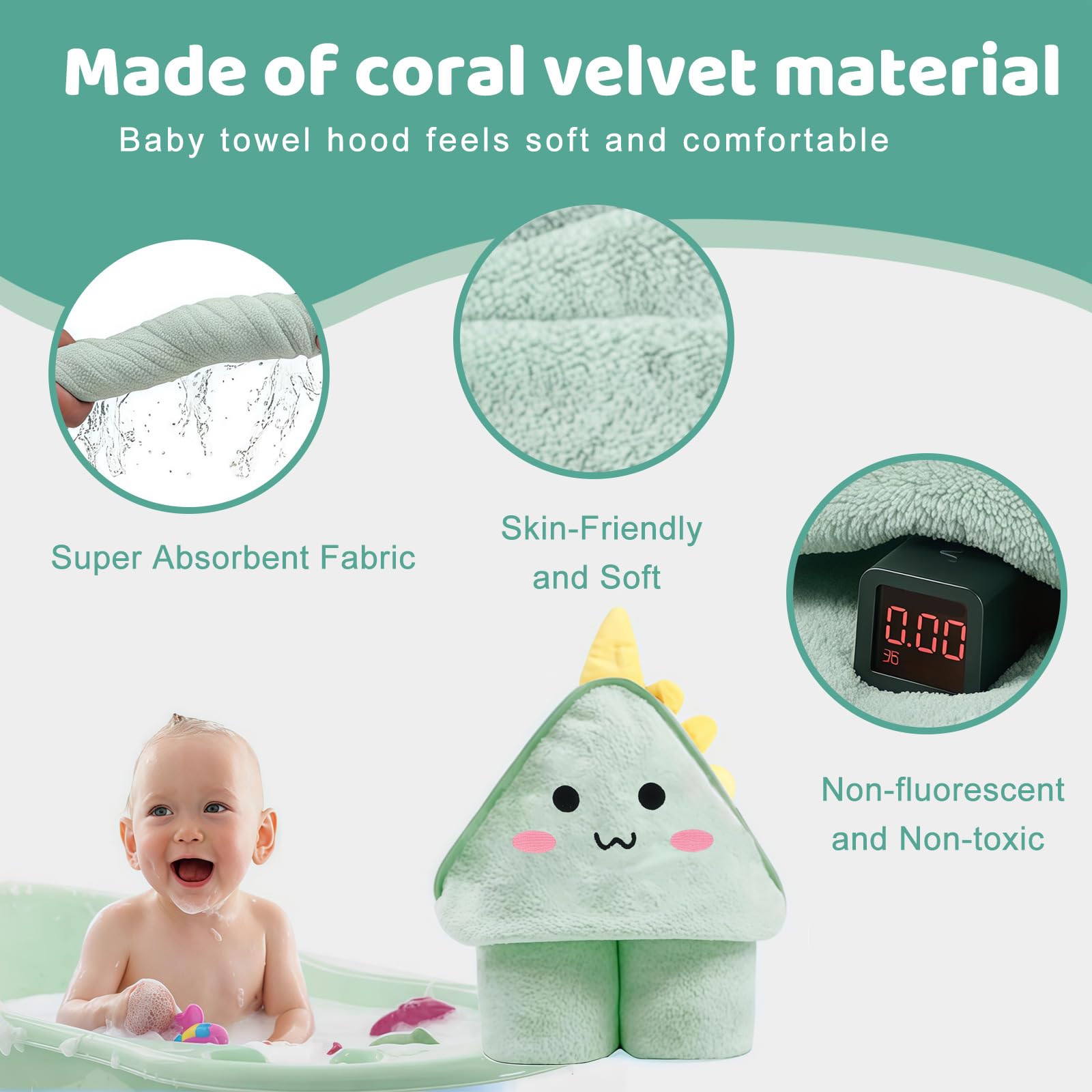 3 pièces serviettes à capuche pour bébés 80 x 80 cm, serviettes douces pour tout-petits et nouveau-nés, serviette de bain pour bébé en cyan, gris foncé et café.
