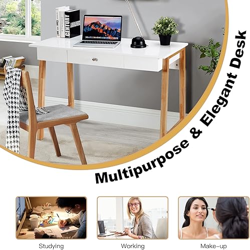 Miniatura 8 de COSTWAY Escritorio para computadora de 42 pulgadas con cajón de almacenamiento, moderna mesa de estudio de escritura en casa con patas de madera de