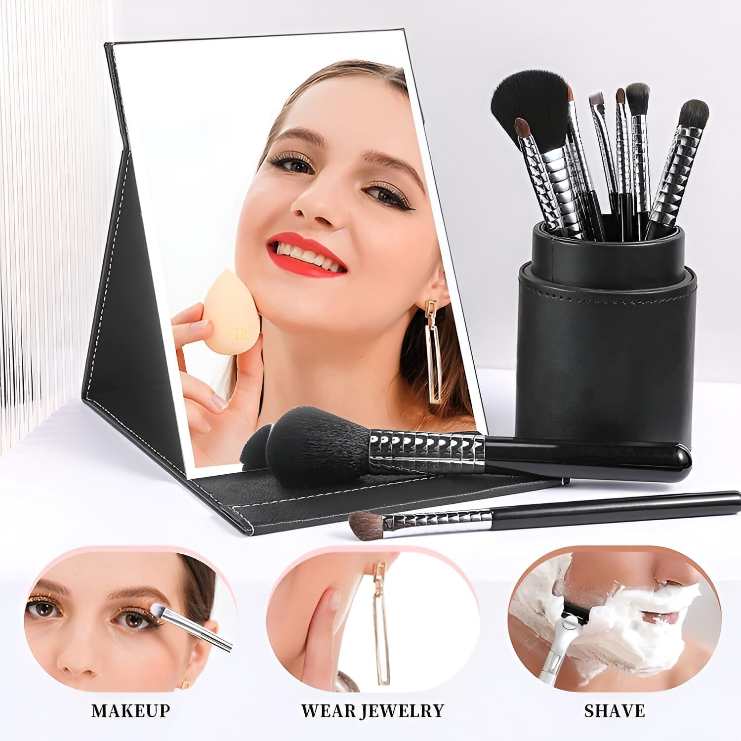 Jeyux Foldable Makeup Mirror, Compact Size Frameless Portable Vanity Leather Mirror with Stand, Rectangular (Black, 1 Pcs) 2