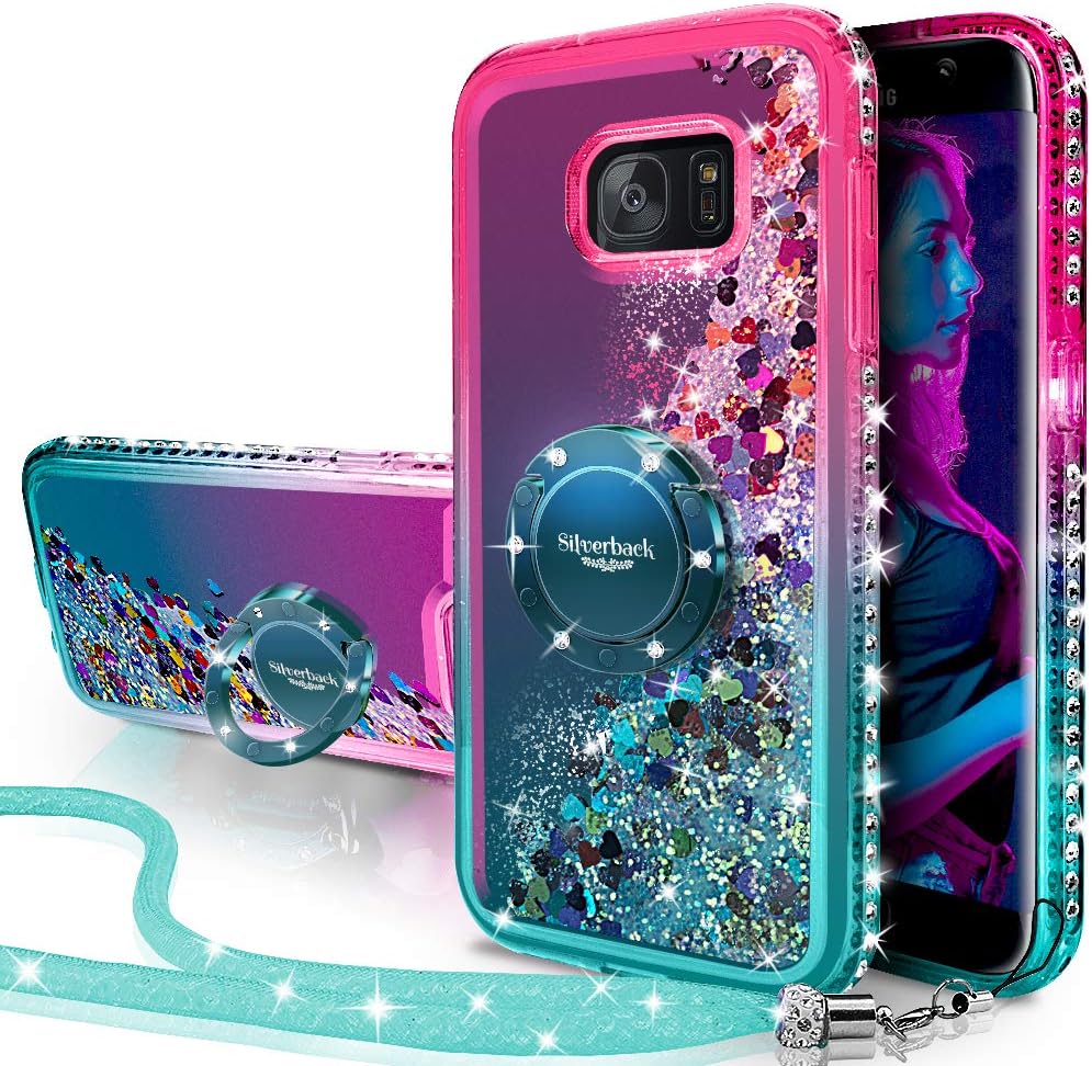 Silverback Galaxy S6 Edge Case, Moving Liquid Holographic Glitter Case with Kickstand, Bling Diamond Rhinestone Bumper W/Ring Slim Protective Samsung Galaxy S6 Edge Case for Girls Women -Green
