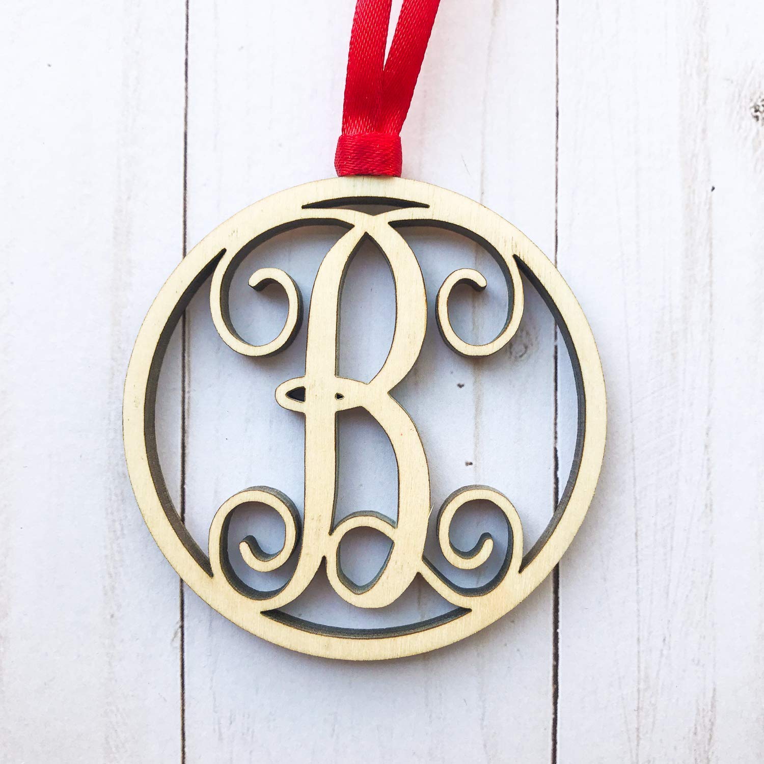 Letter Ornaments for Christmas with Circle Vine Monogram - Personalized Wood Ornament - Letter B