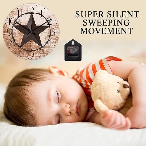 Miniatura 3 de Tollyee Reloj de pared redondo de estilo rústico con estrella del oeste de Texas reloj de madera silencioso sin tictac funciona con pilas con