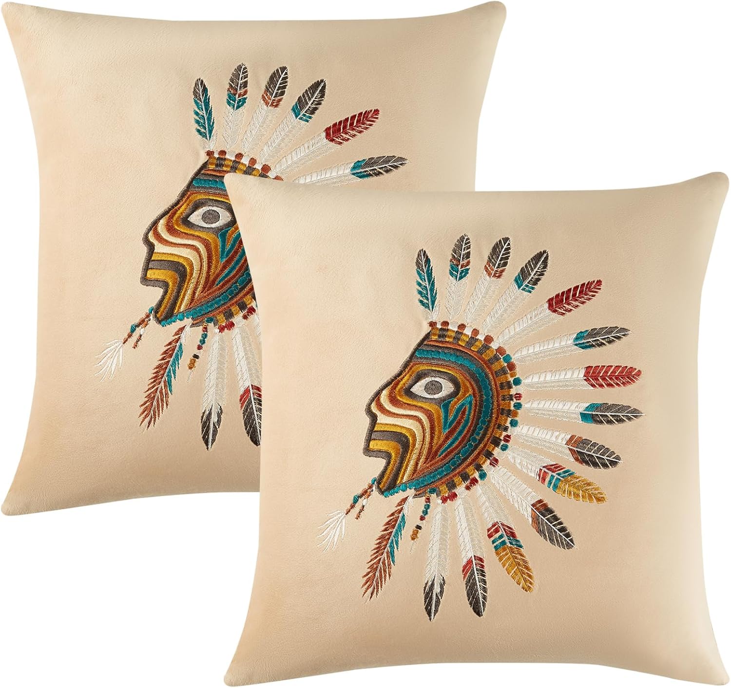 Embroidered Throw Pillow Covers Set of 2, Velvet Outdoor Pillow Covers 18 x 18 Inch with Unique Western Style Patterns, Decorative Couch Sofa Lumbar Pillow Covers for Home (Only Covers)