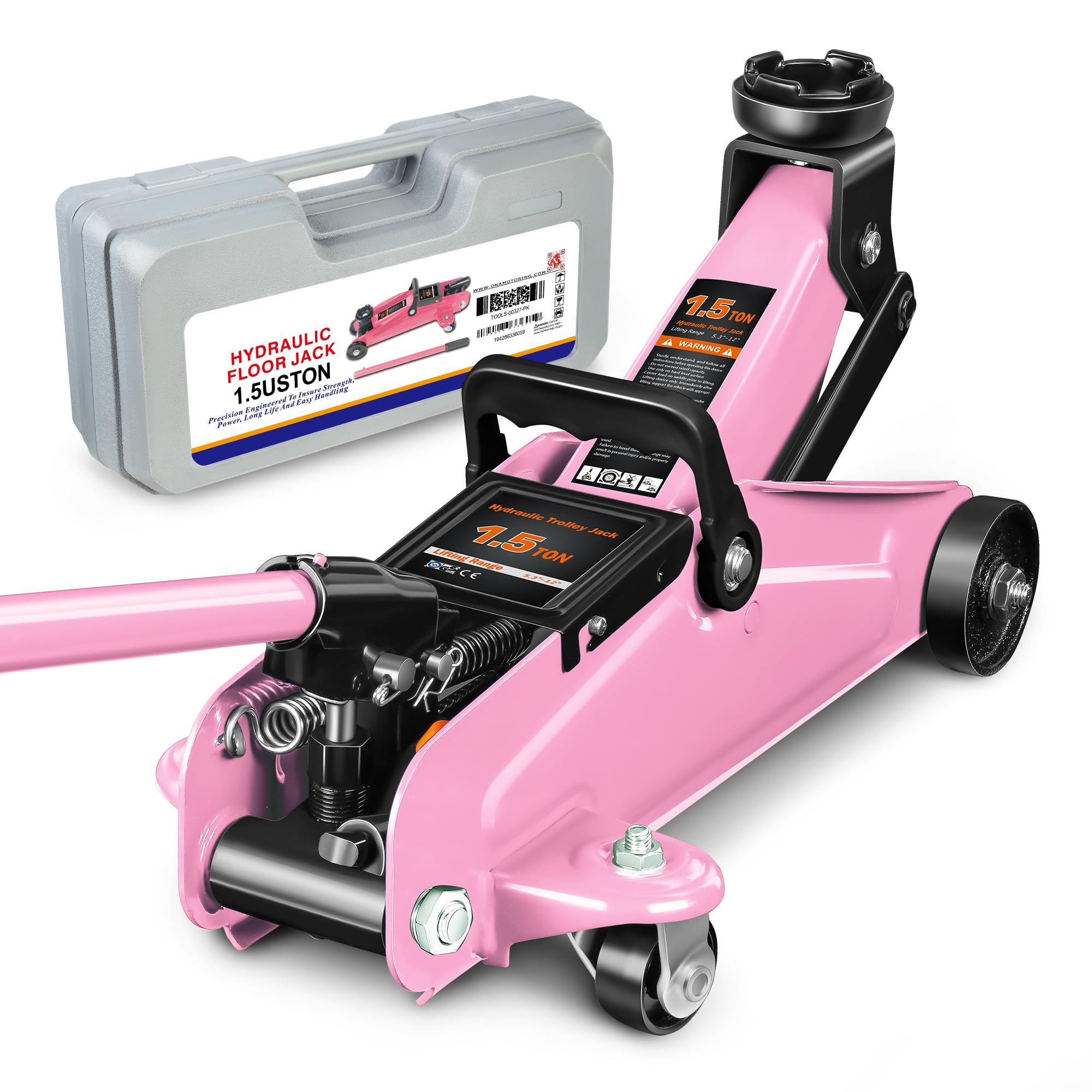 PM PERFORMOTOR Low Profile Hydraulic Trolley Service/Floor Jack, 1.5 Ton (3000 lbs) Capacity, Lifting Range 5.3"-12",Pink,PM-TOL-FJ15-PK