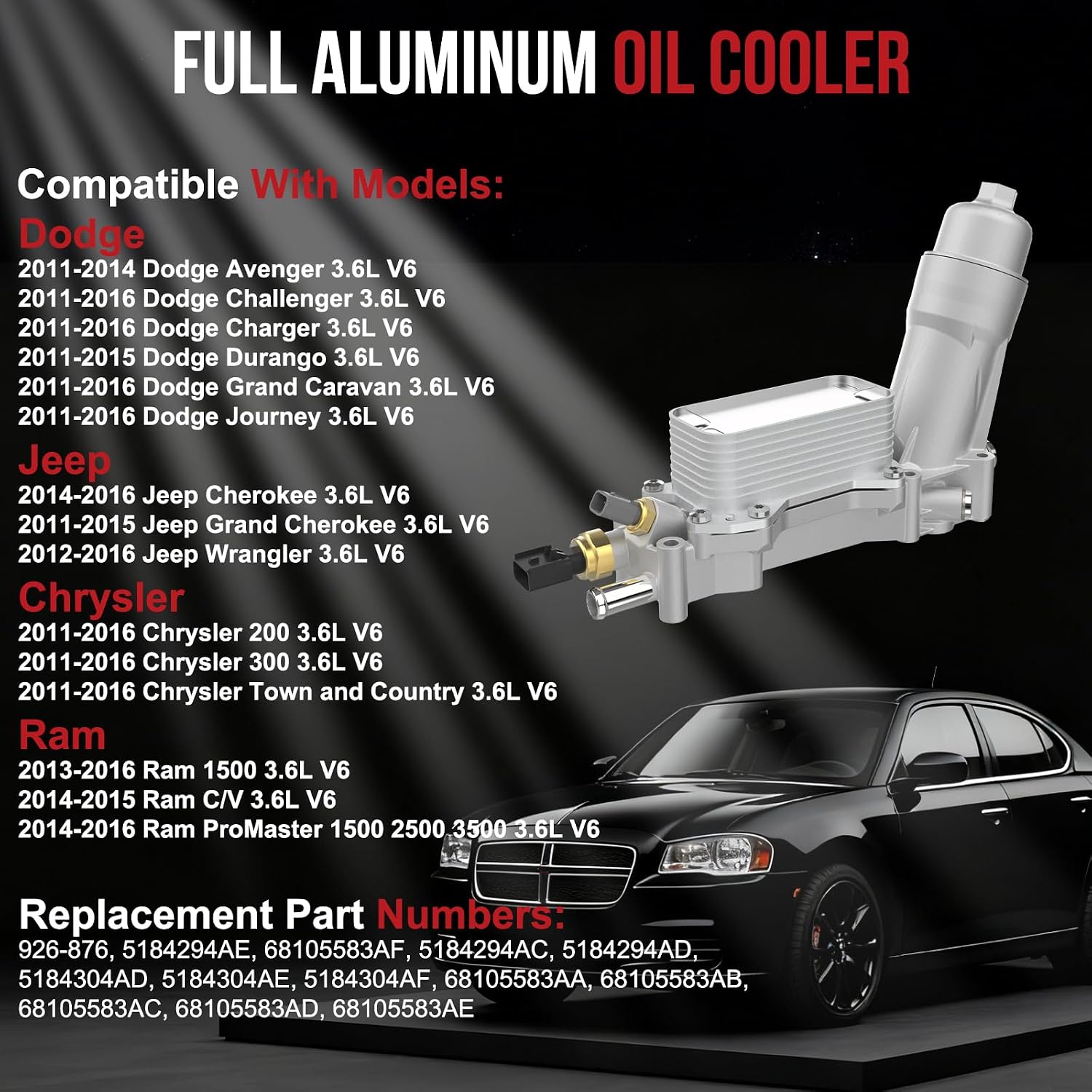 926-876 Full Aluminum Engine Oil Cooler for Dodge Avenger Challenger Charger Durango Grand Caravan Journey, Jeep Grand Cherokee Wrangler, Chrysler 200 300 Town Country, Ram C/V 1500 2500 3500