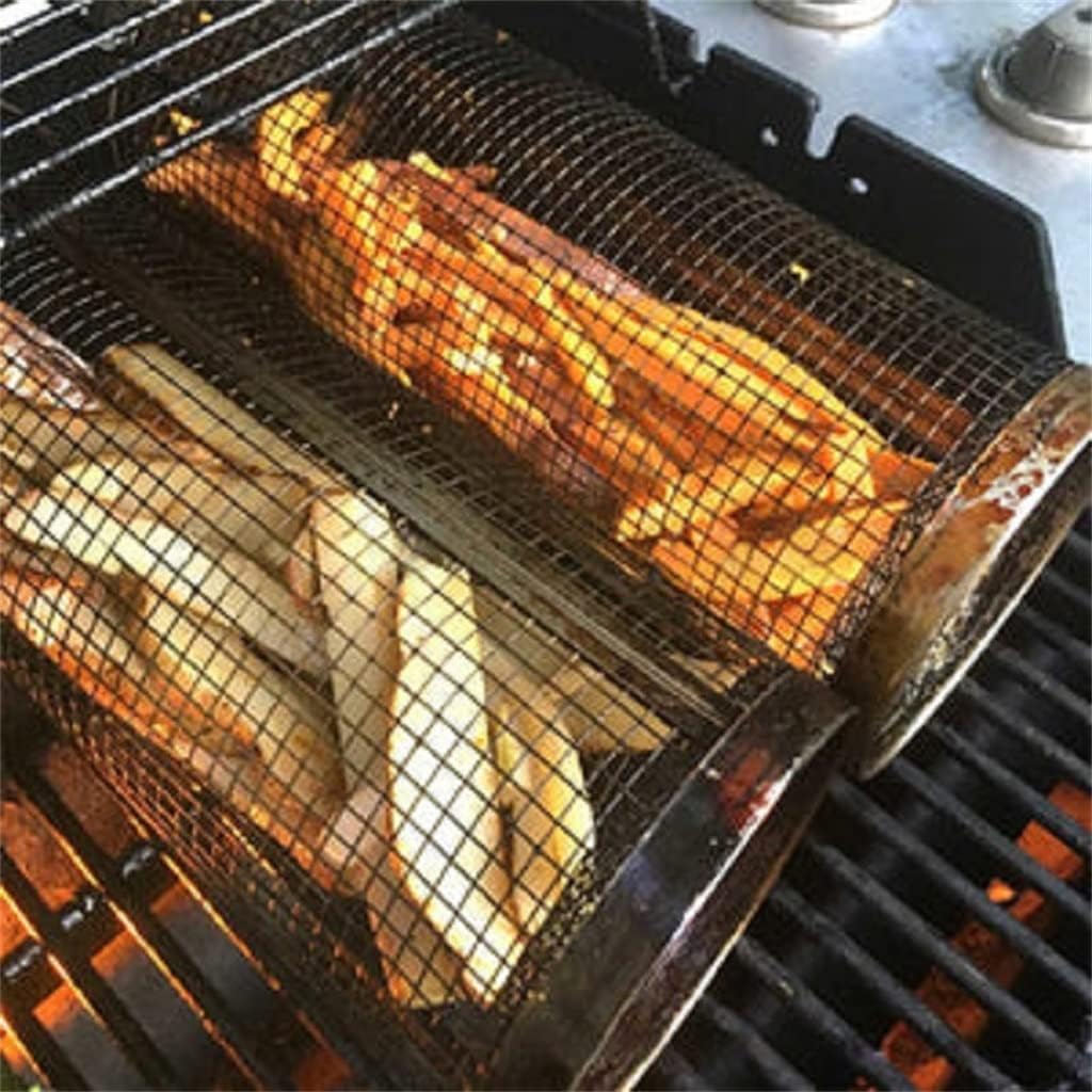 2pcs 360° BBQ Grill Basket Cage Stainless Steel Hollow Out Roaster Racks Baking Grilling Tools