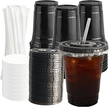 100 Set 16oz Plastic Cups with Lids and Straws, Disposable Iced Coffee Cup with Lid Liners, Black To-Go Cups for Cold Drinks, Juice, Slushie, Smoothie, Christmas, Soda - Party & Shop Supplies