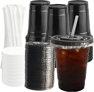 16 oz plastic ice coffee cups with lids and straws 100 pack, disposable black iced coffee to go cups with lids for Cold Drinks Sip Lids (black)